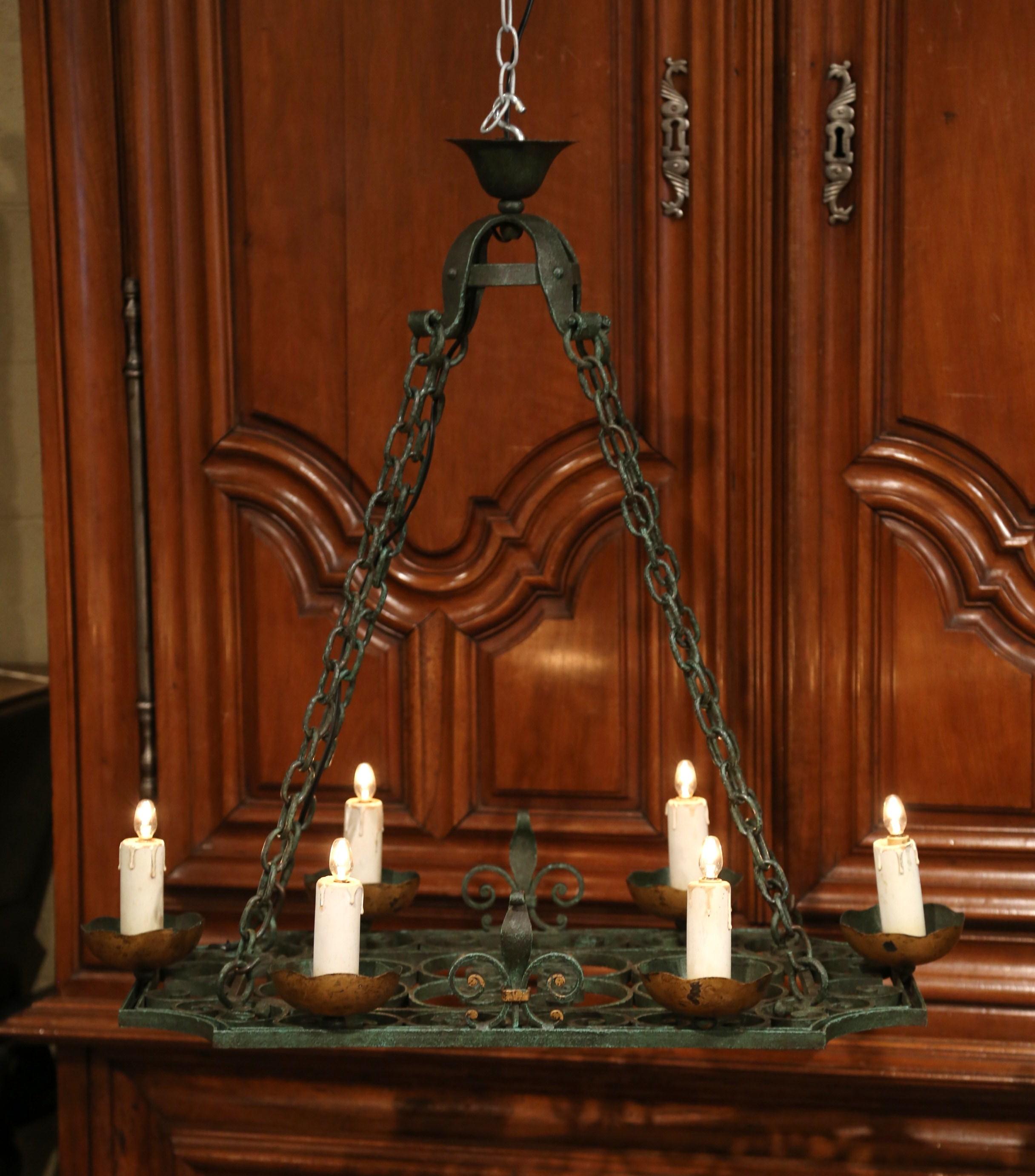 19th Century French Verdigris Iron Six-Light Flat Bottom Island Chandelier In Excellent Condition In Dallas, TX
