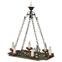 19th Century French Verdigris Iron Six-Light Flat Bottom Island Chandelier
