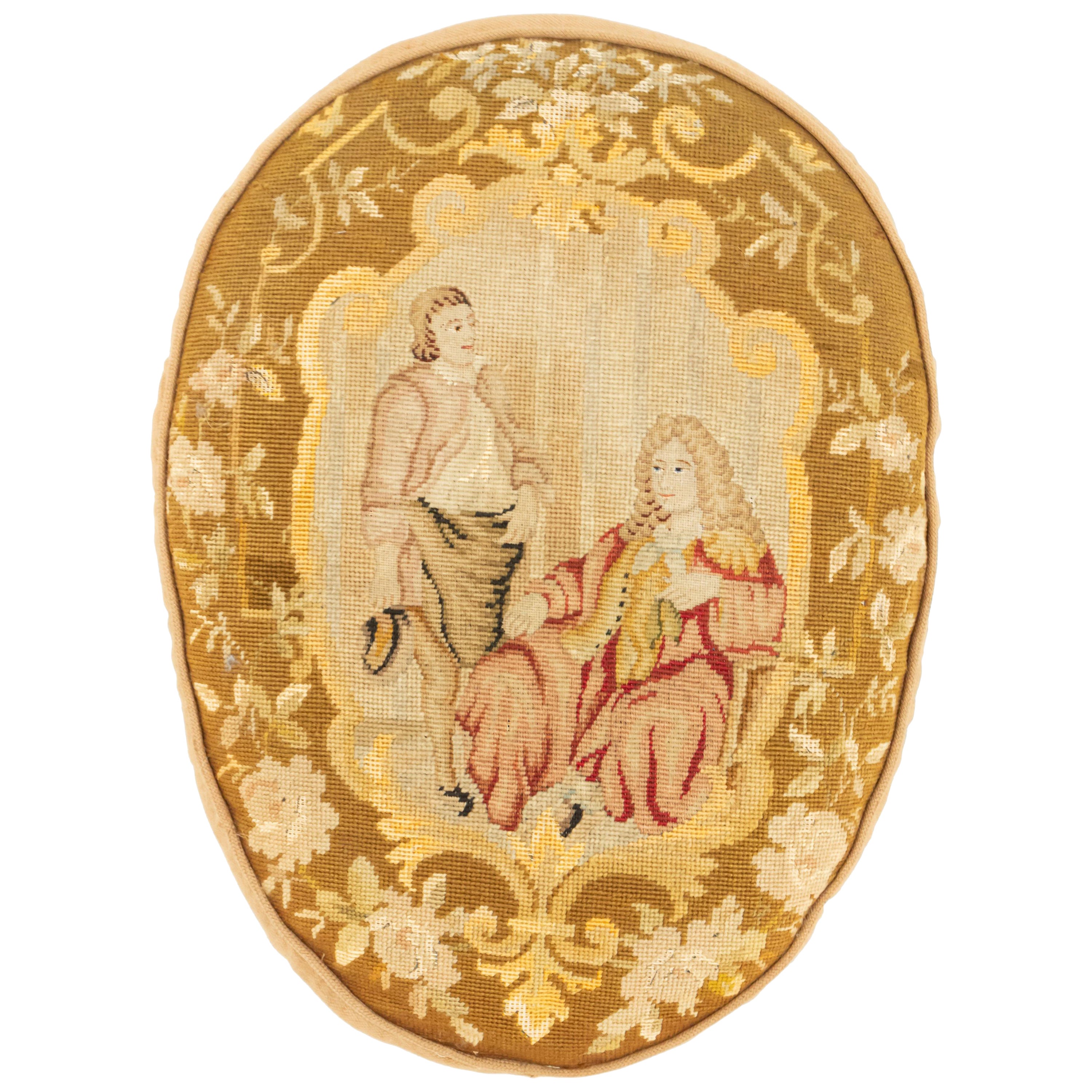 Cojín Aubusson Victoriano Francés del Siglo XIX con Borde Verde Oliva en venta