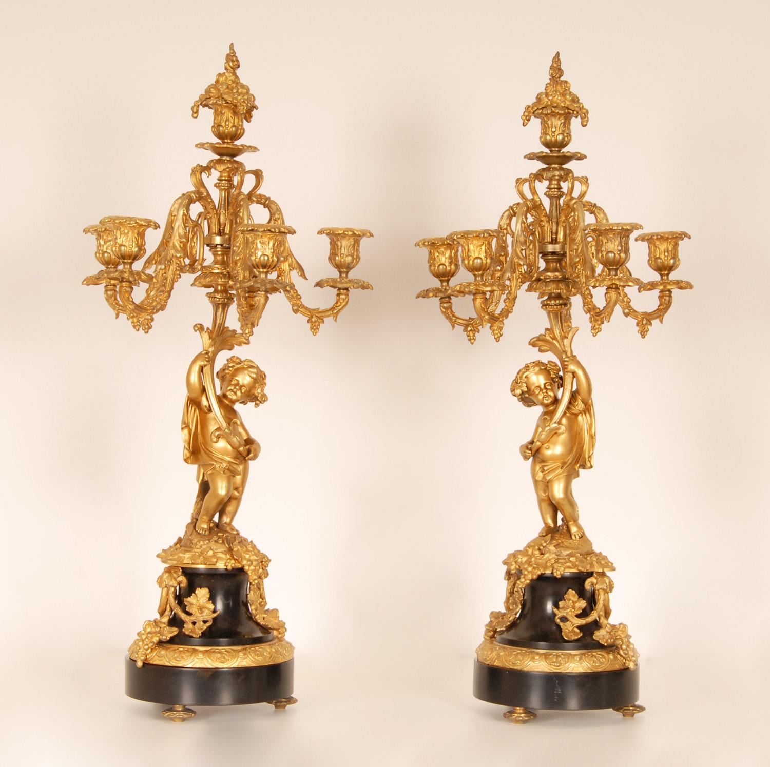 19th Century French Victorian Gold Gilt Bronze Black Marble Candelabras a pair  7