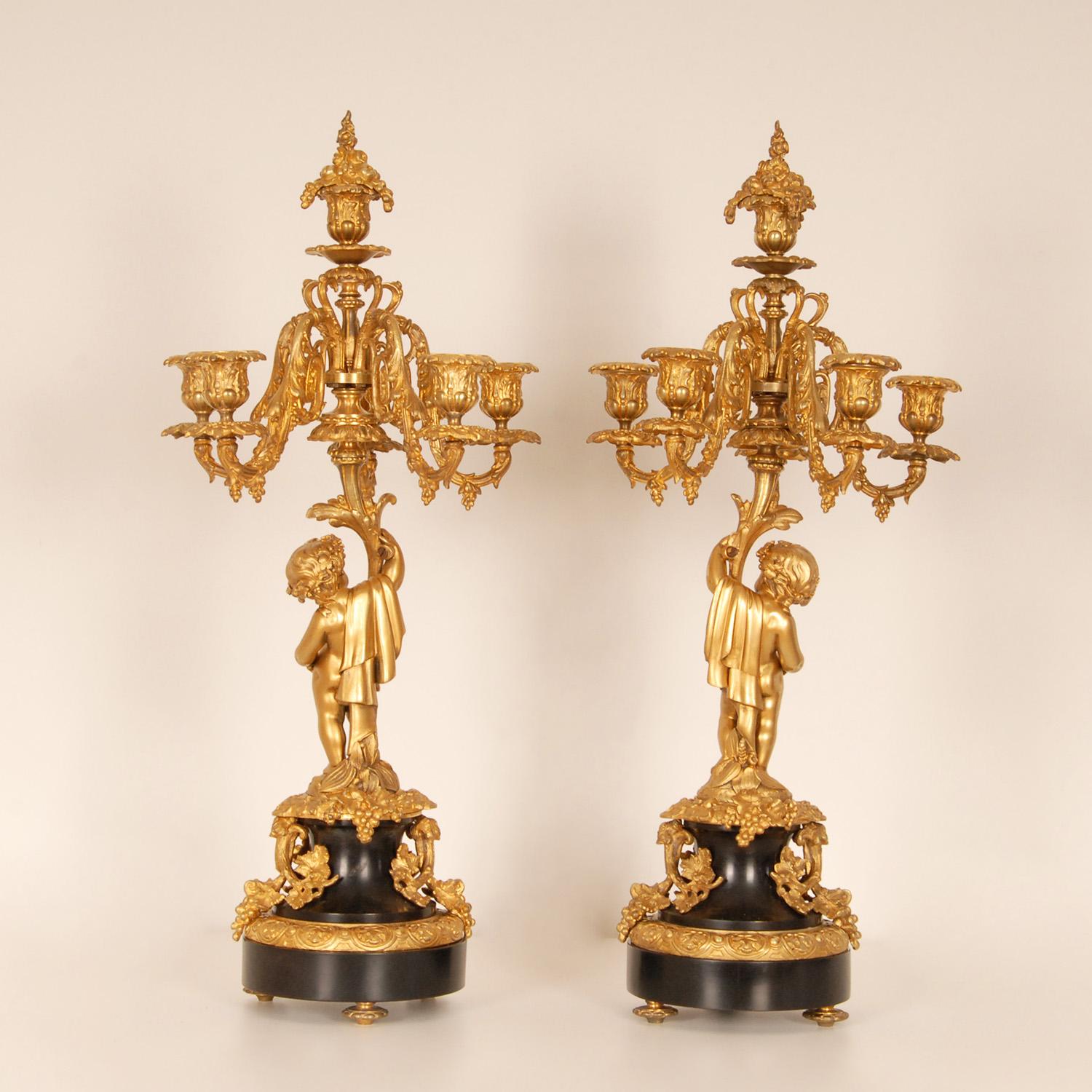19th Century French Victorian Gold Gilt Bronze Black Marble Candelabras a pair  1