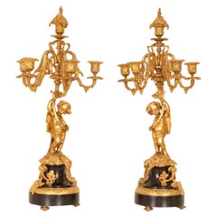 19th Century French Victorian Gold Gilt Bronze Black Marble Candelabras a pair 