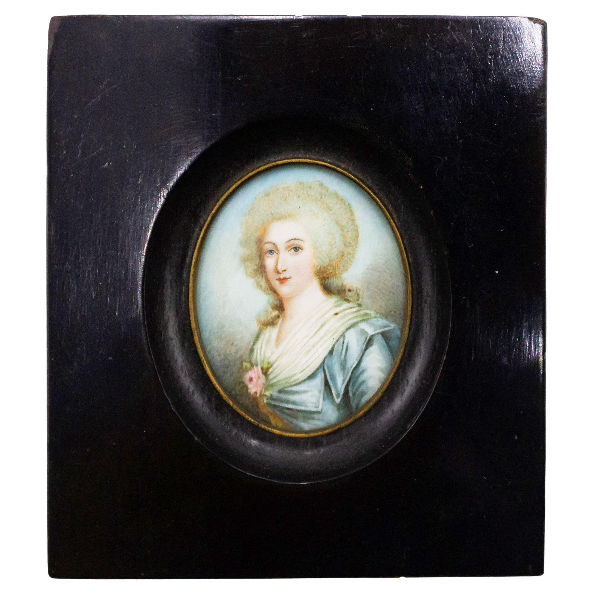 Ritratto acquerellato in miniatura francese del XIX secolo con cornice