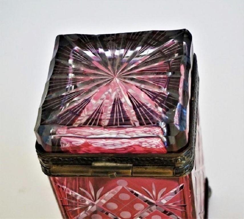 19th Century French Victorian Style Ruby to Clear Cut Crystal Box Bronze Mounts For Sale 4