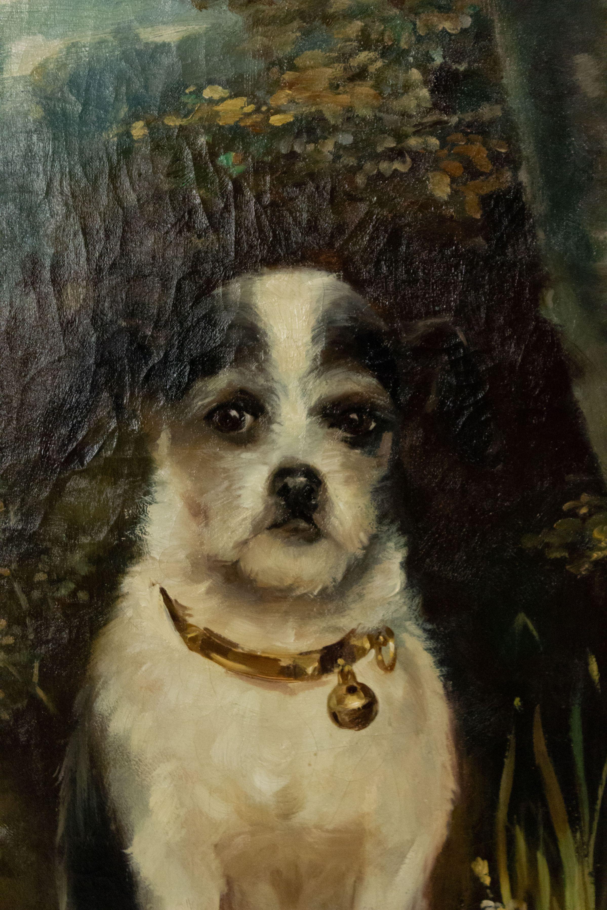 French Victorian gilt framed oil painting of seated black and white terrier (signed DUBOUY, 1904).
   