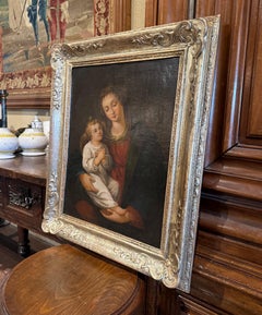 19th Century French " Vierge a l'Enfant" Oil on Canvas Painting in Gilt Frame