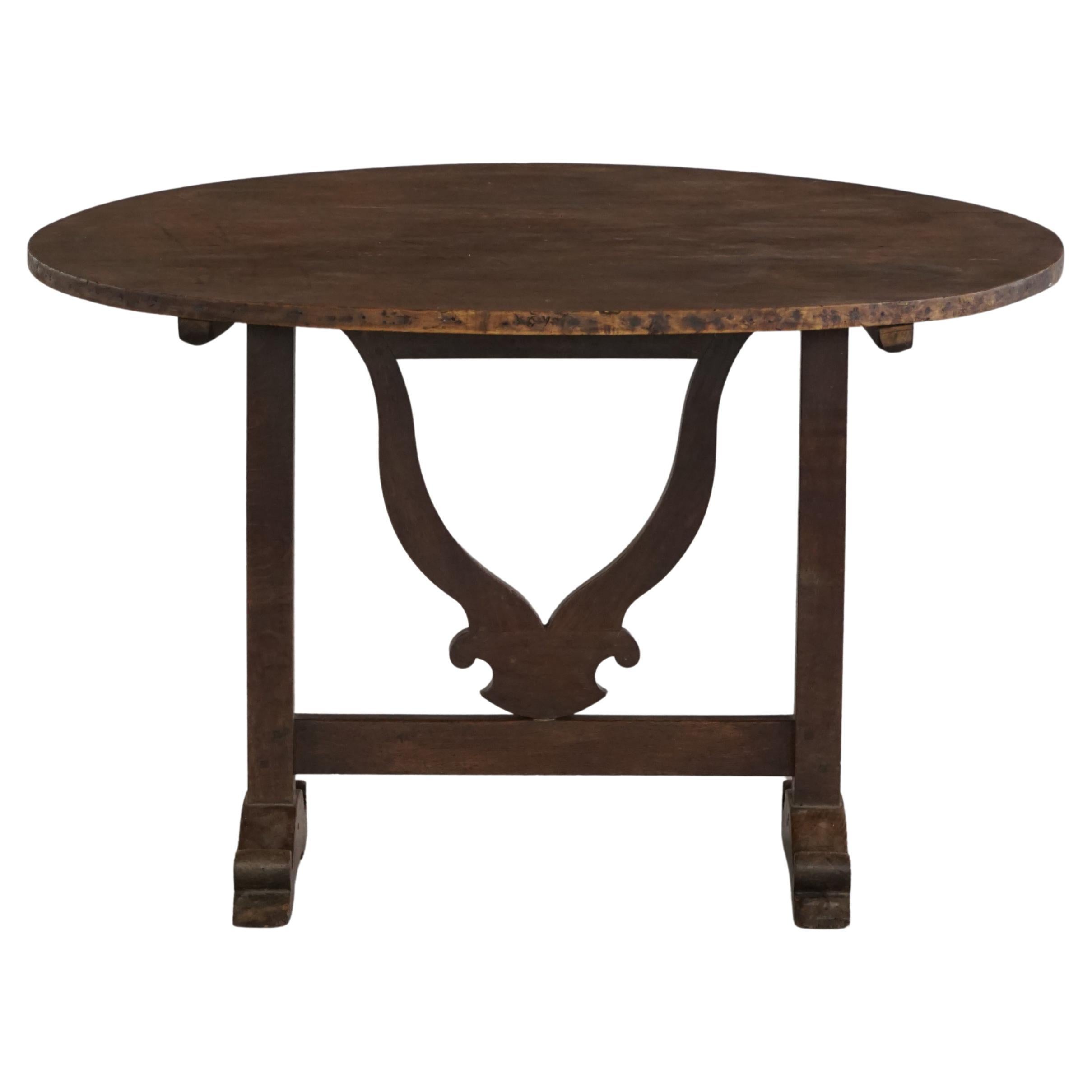 19th Century, French Vigneron Round Tilt-Top Table, Oak Top with Carved Details