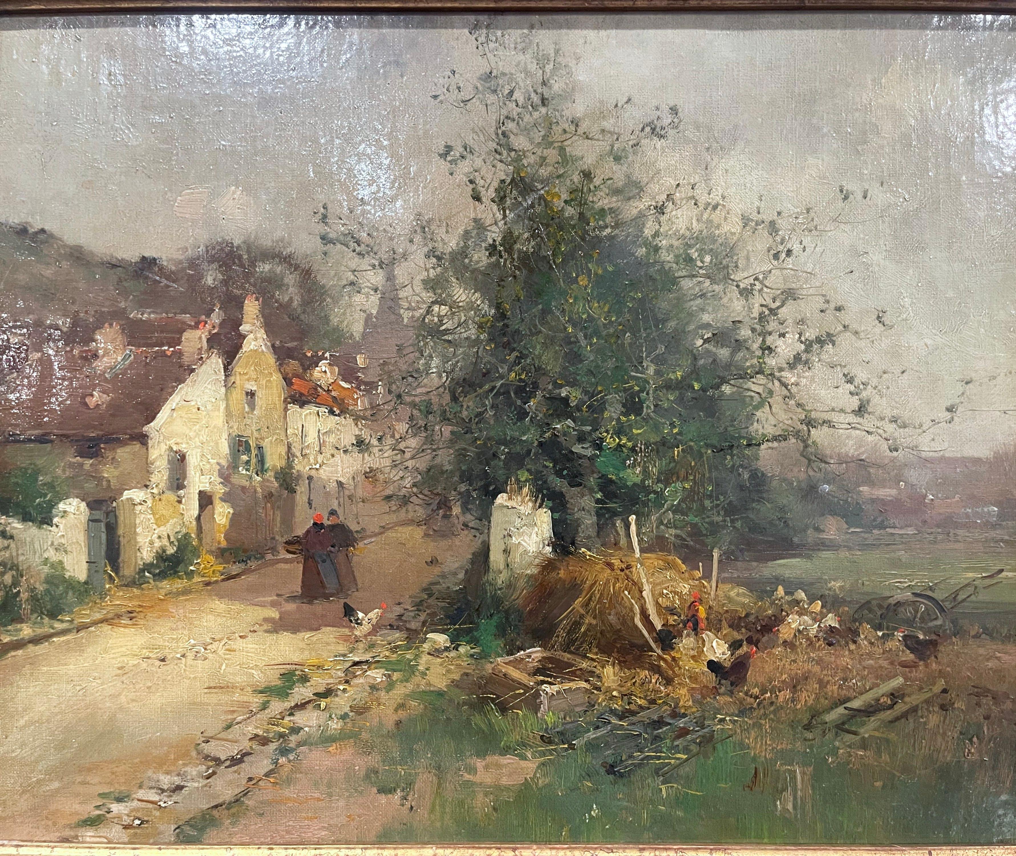 Français Peinture à l'huile sur toile d'un village français du 19e siècle signée E. Galien-Laloue en vente