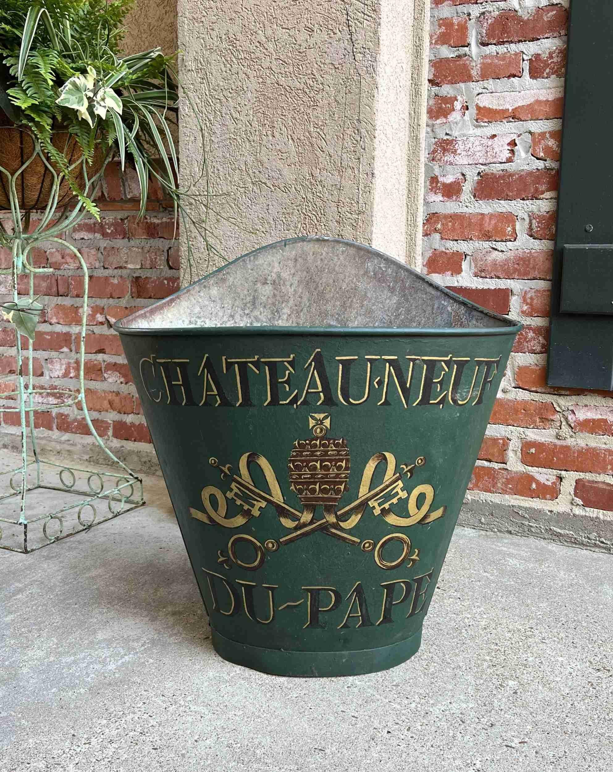 19th century French vineyard grape hod hotte bucket wine vineyard tole painted.

Direct from France, a wonderful antique metal grape hod or “hotte”, with stunning hand painted French designed artwork. In the 19th century French vineyards, these hods