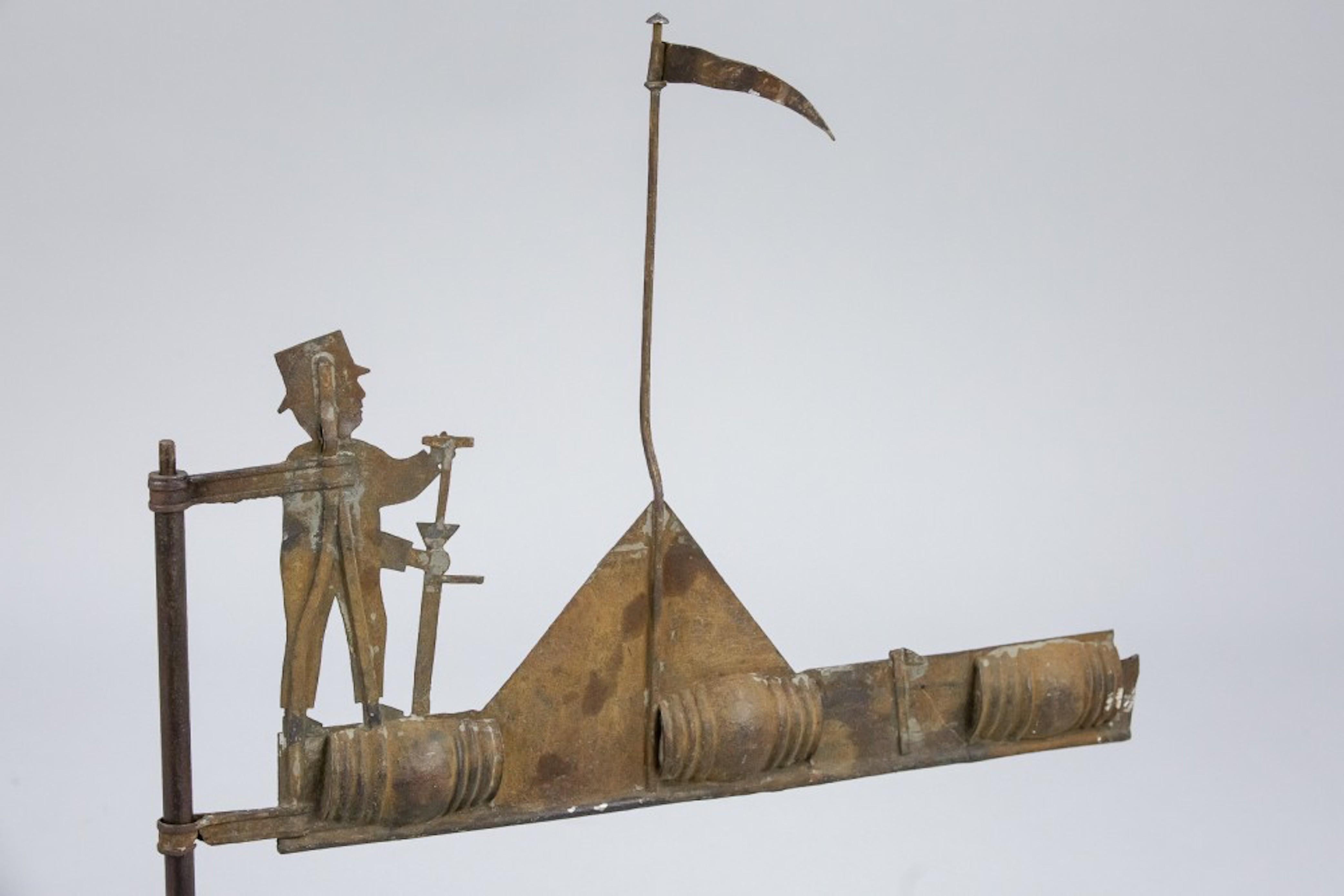 Rare form folk art weathervane from France, circa 1880. Excellent patina and presented on a custom solid metal stand. The vintner testing his barreled produce, the barrels are full bodied. Most likely from a Vineyard, perfect for the wine enthusiast!