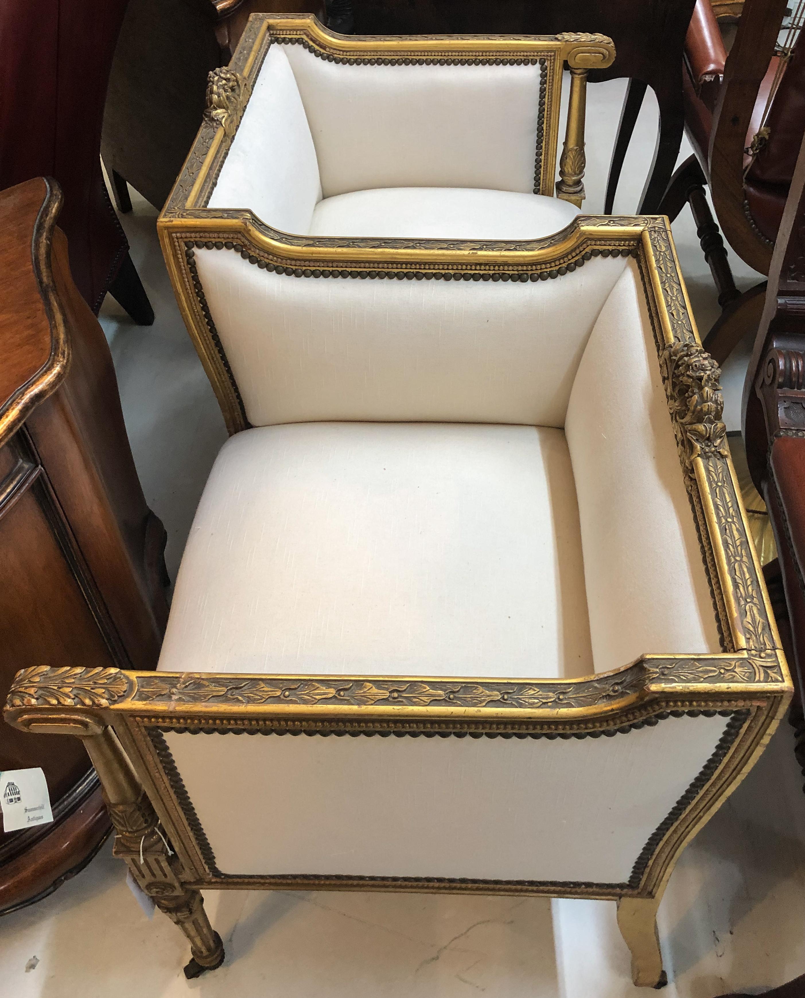 19th Century French Vis-a-vis Giltwood Chair in Ivory Linen 2