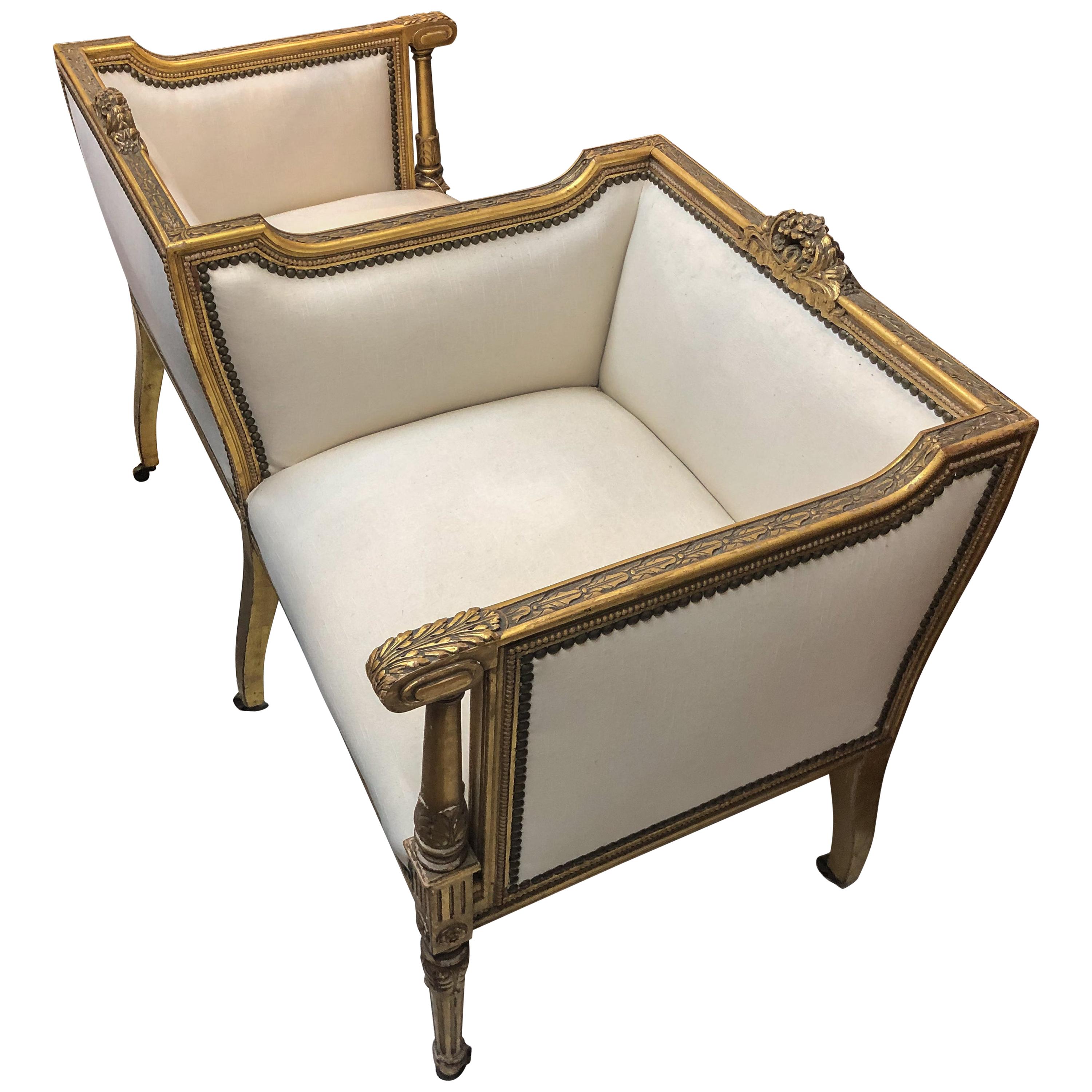 19th Century French Vis-a-vis Giltwood Chair in Ivory Linen