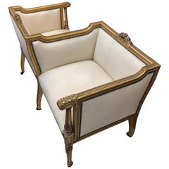 Antique 19th Century French Vis-a-vis Giltwood Chair in Ivory Linen