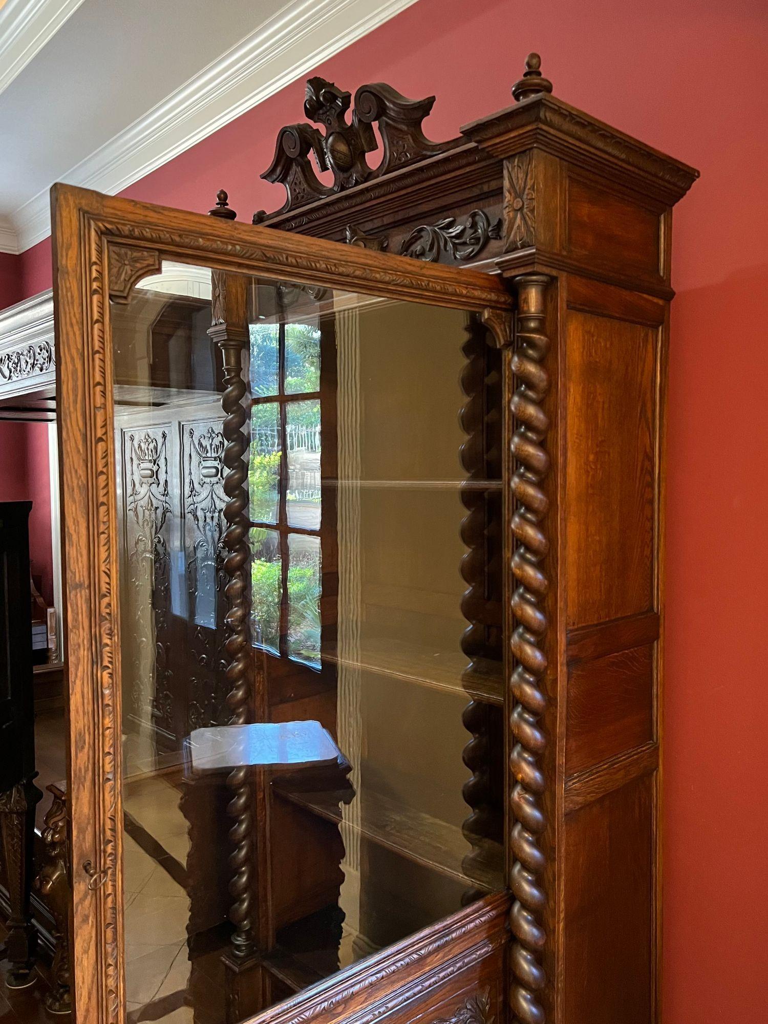 Antique French Cabinet Bookcase Barley Twist Black Forest Carved Oak Glass Door For Sale 4
