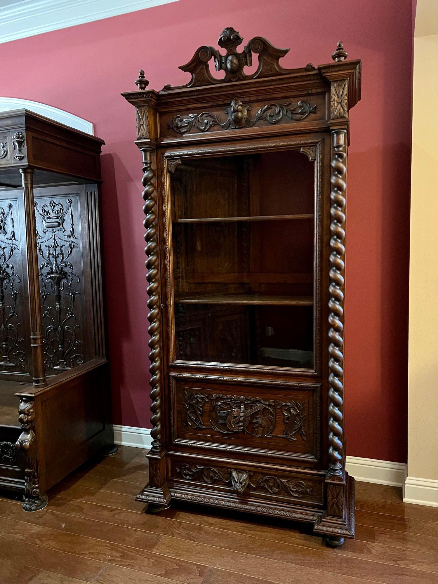 Antique French Cabinet Bookcase Barley Twist Black Forest Carved Oak Glass Door For Sale 7