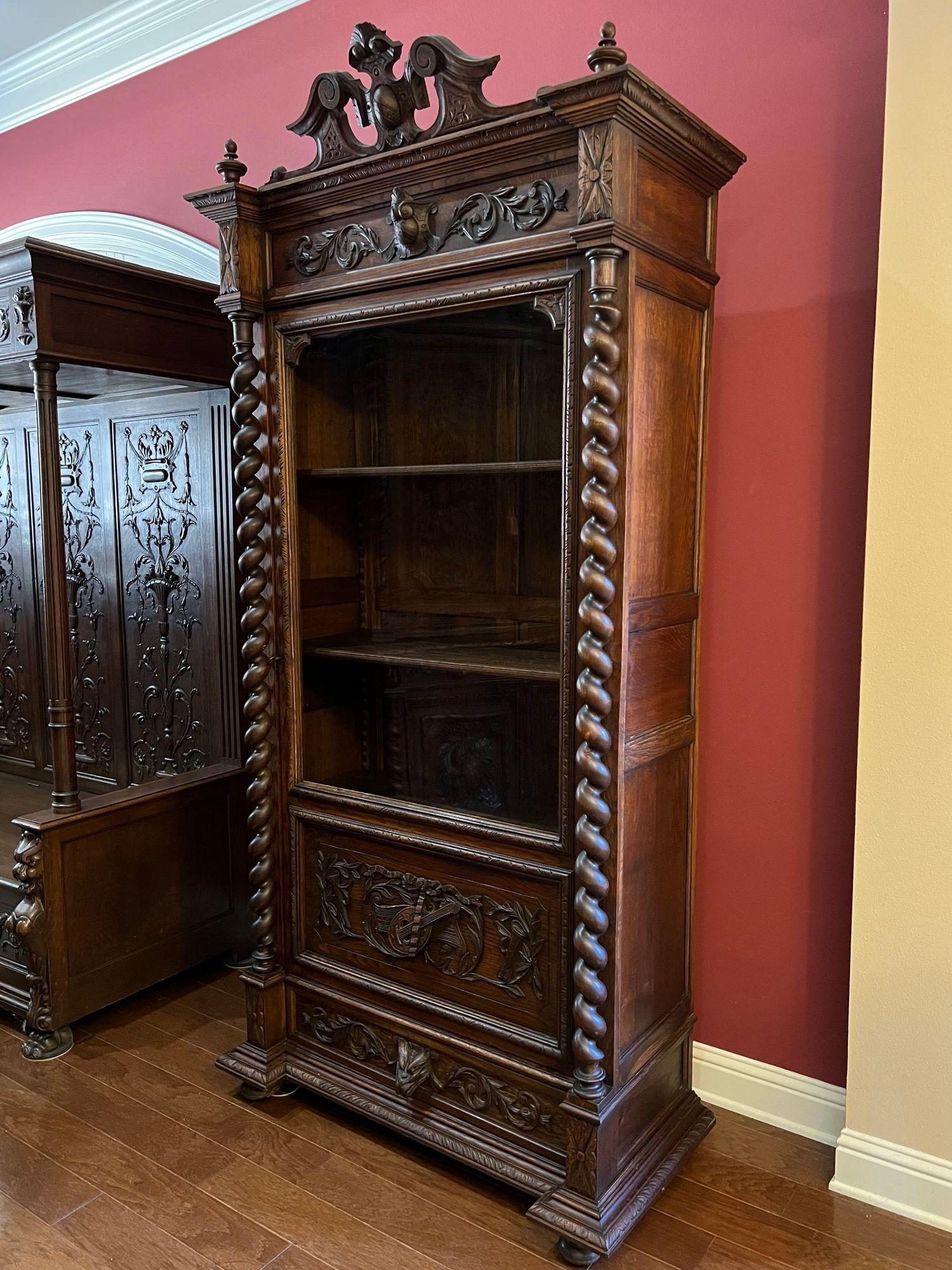 Antique French Cabinet Bookcase Barley Twist Black Forest Carved Oak Glass Door For Sale 8
