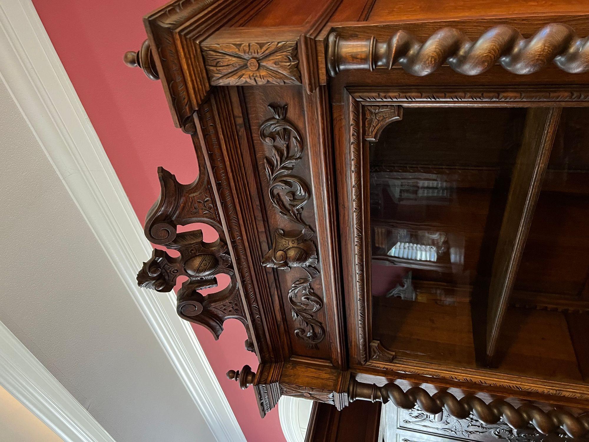 Antique French Cabinet Bookcase Barley Twist Black Forest Carved Oak Glass Door For Sale 9
