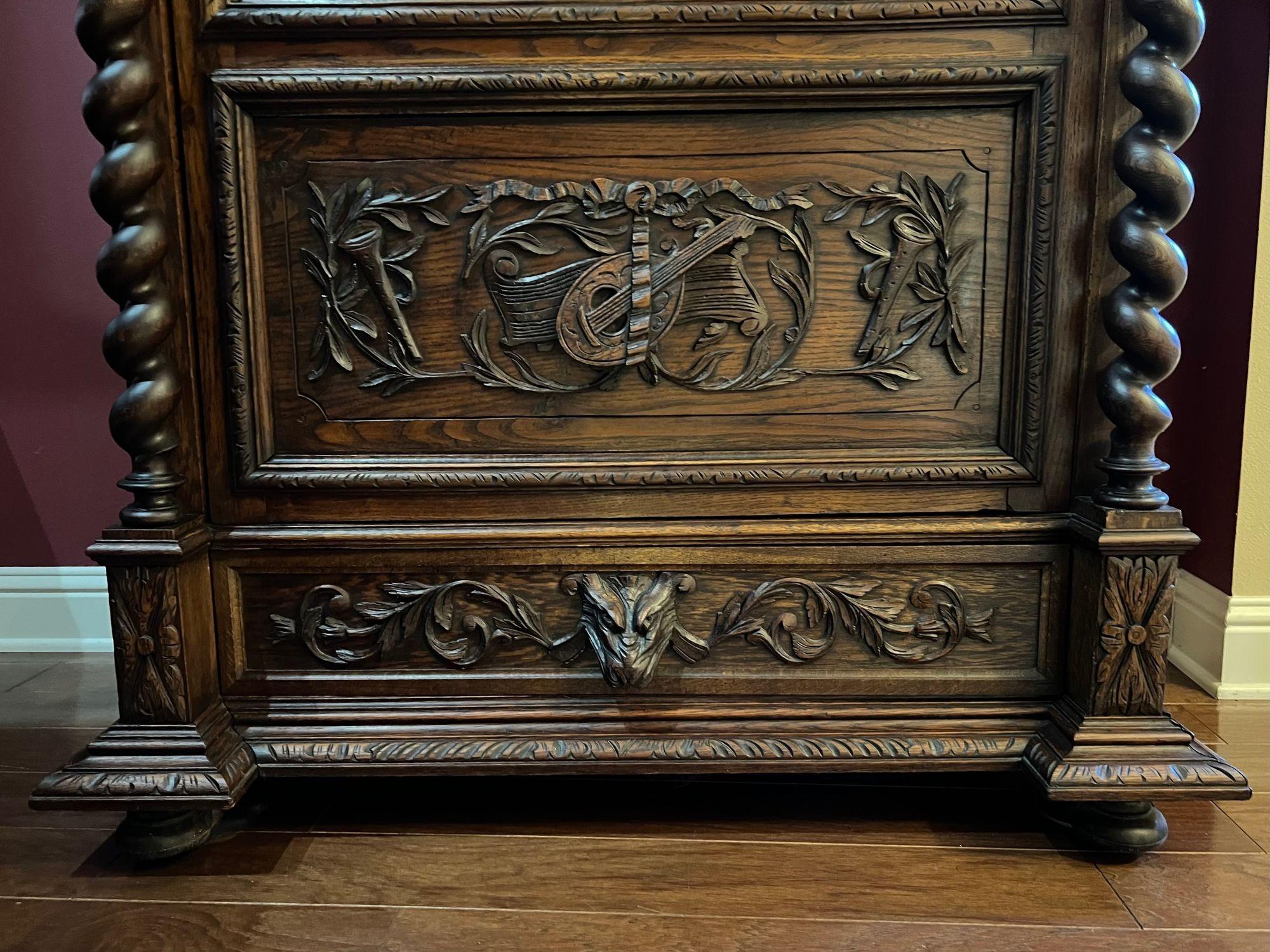 Antique French Cabinet Bookcase Barley Twist Black Forest Carved Oak Glass Door For Sale 10