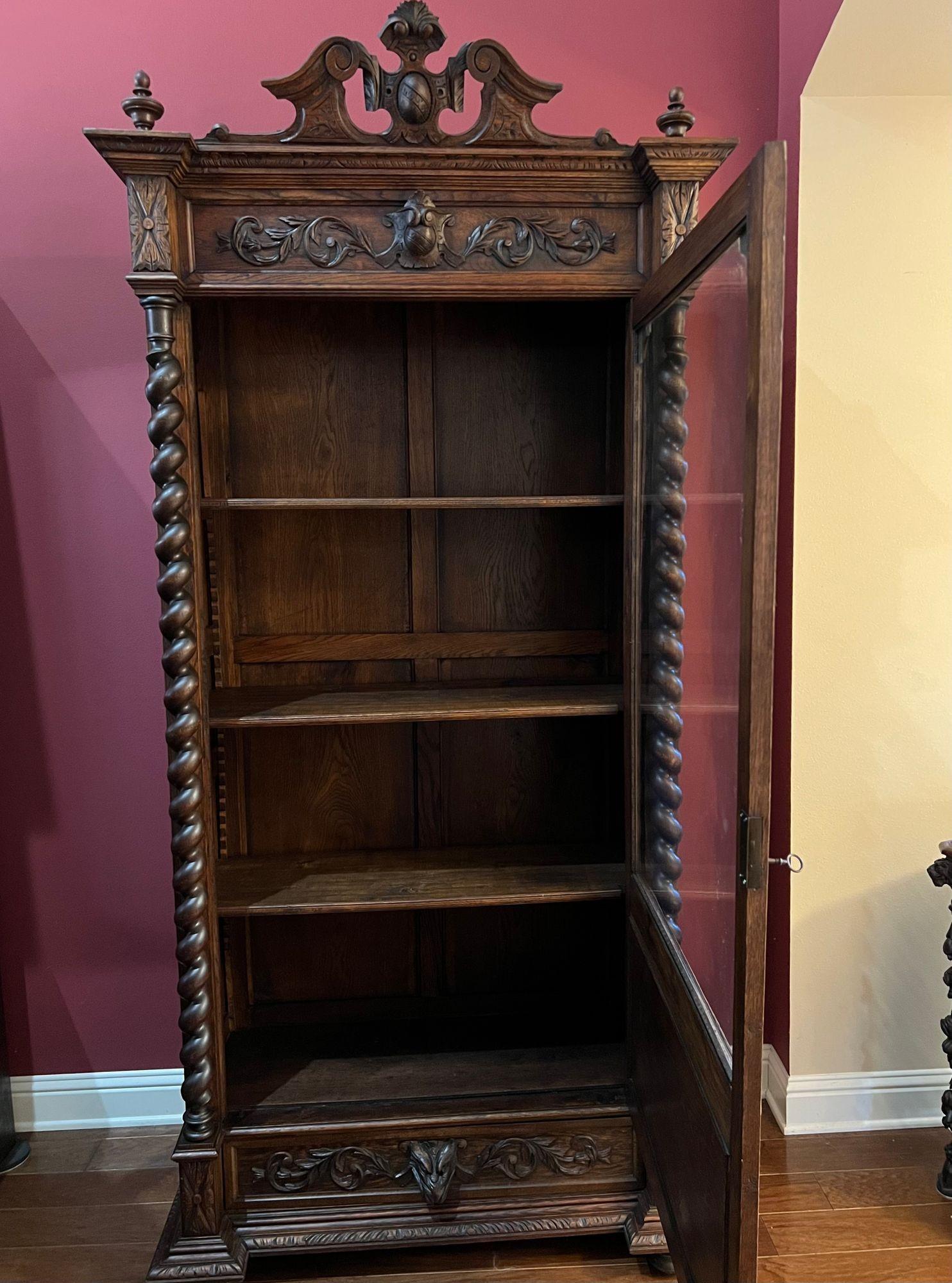 Antique French Cabinet Bookcase Barley Twist Black Forest Carved Oak Glass Door For Sale 12
