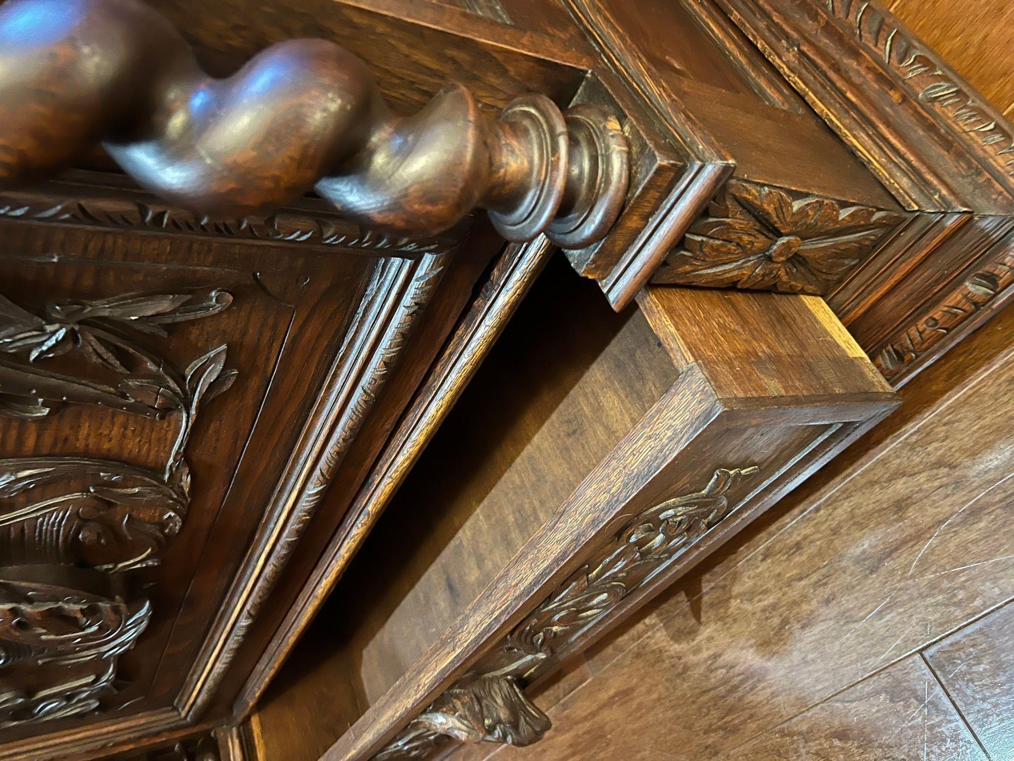 Antique French Cabinet Bookcase Barley Twist Black Forest Carved Oak Glass Door For Sale 14
