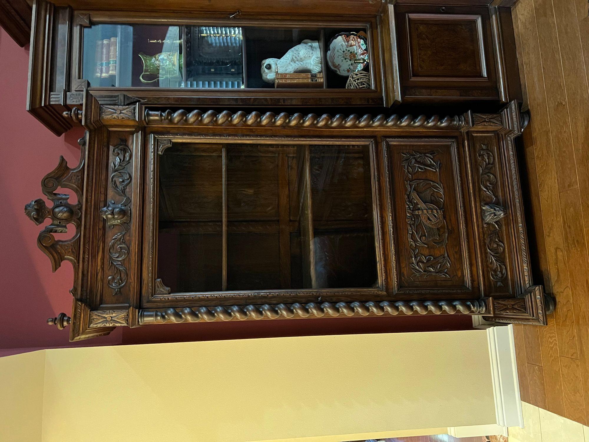 French Provincial Antique French Cabinet Bookcase Barley Twist Black Forest Carved Oak Glass Door