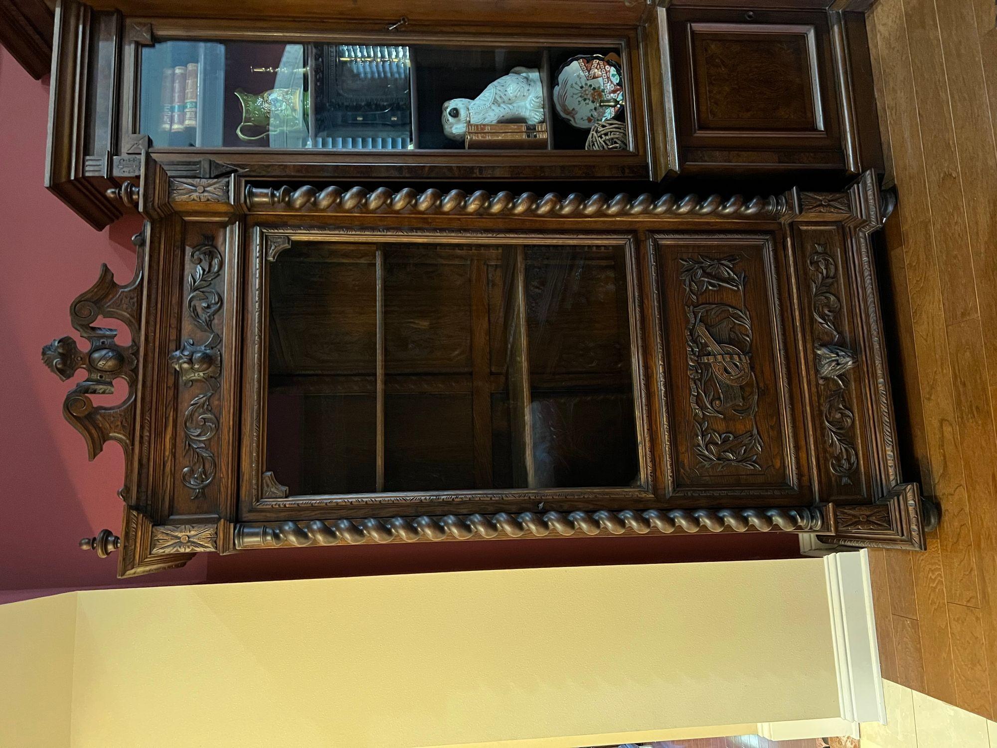 French Provincial Antique French Cabinet Bookcase Barley Twist Black Forest Carved Oak Glass Door For Sale