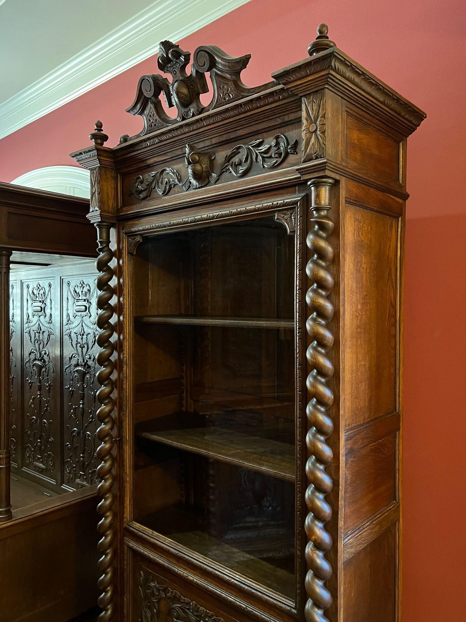 Hand-Carved Antique French Cabinet Bookcase Barley Twist Black Forest Carved Oak Glass Door For Sale