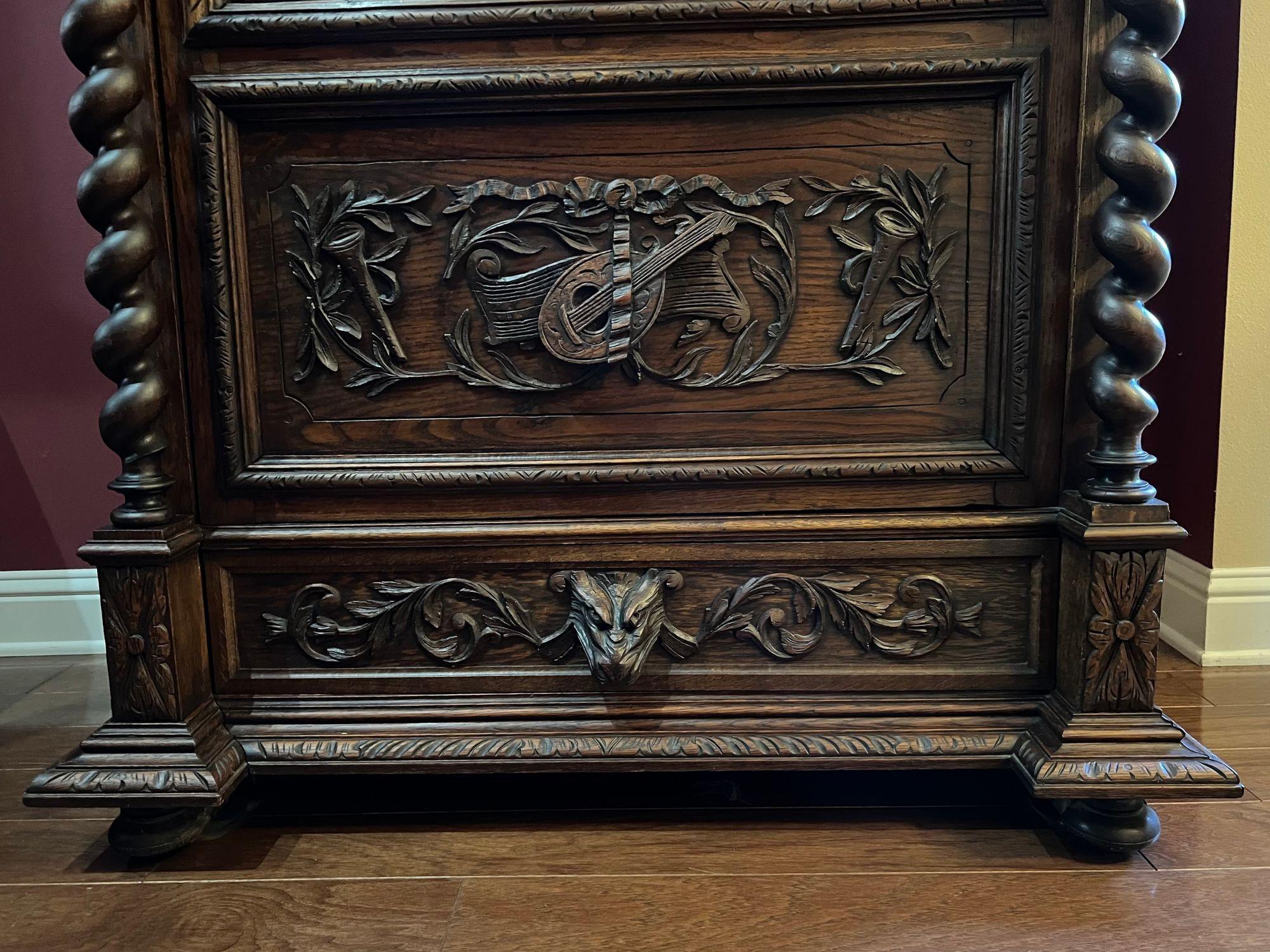 Antique French Cabinet Bookcase Barley Twist Black Forest Carved Oak Glass Door For Sale 1