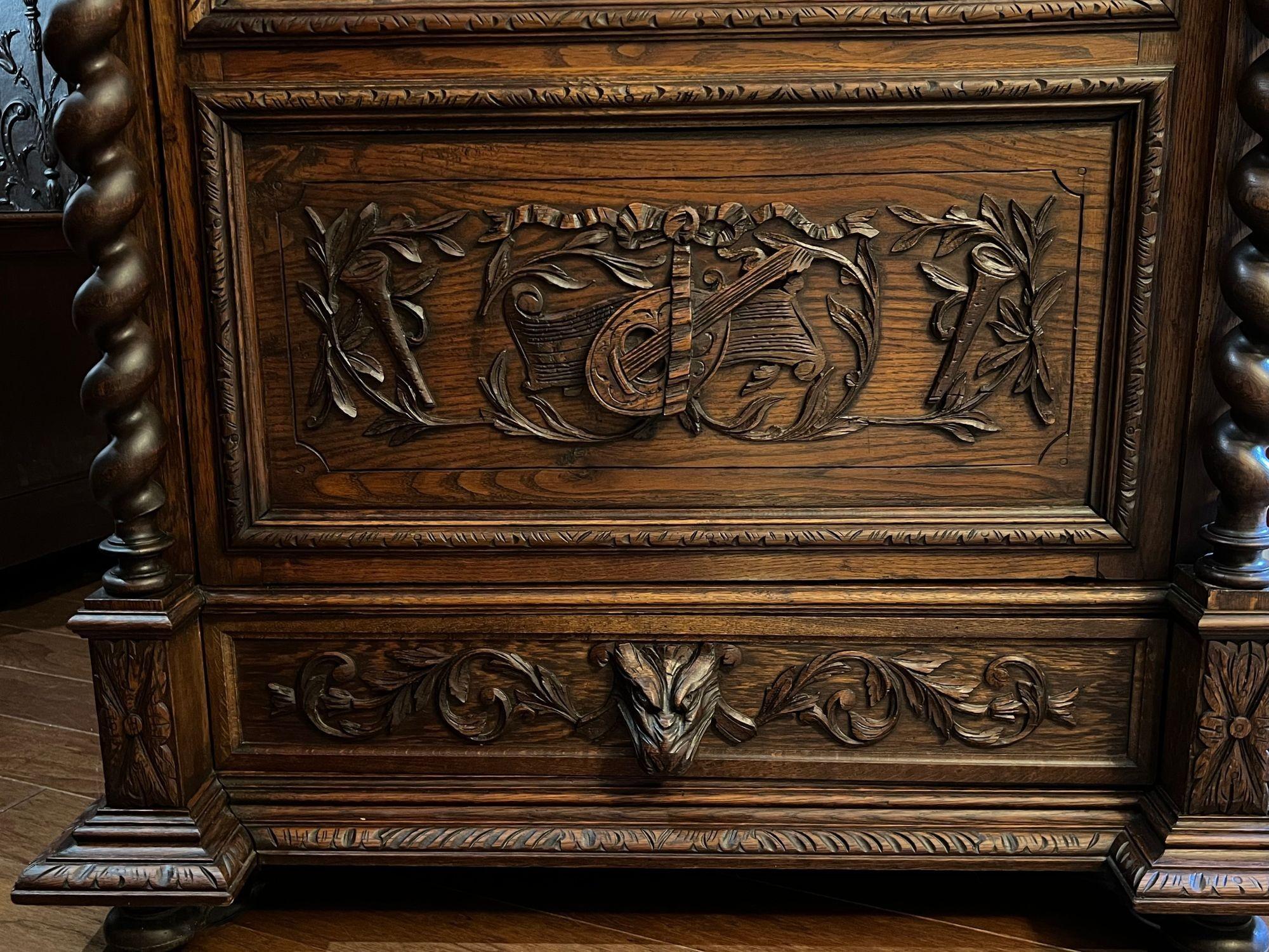 Antique French Cabinet Bookcase Barley Twist Black Forest Carved Oak Glass Door For Sale 2