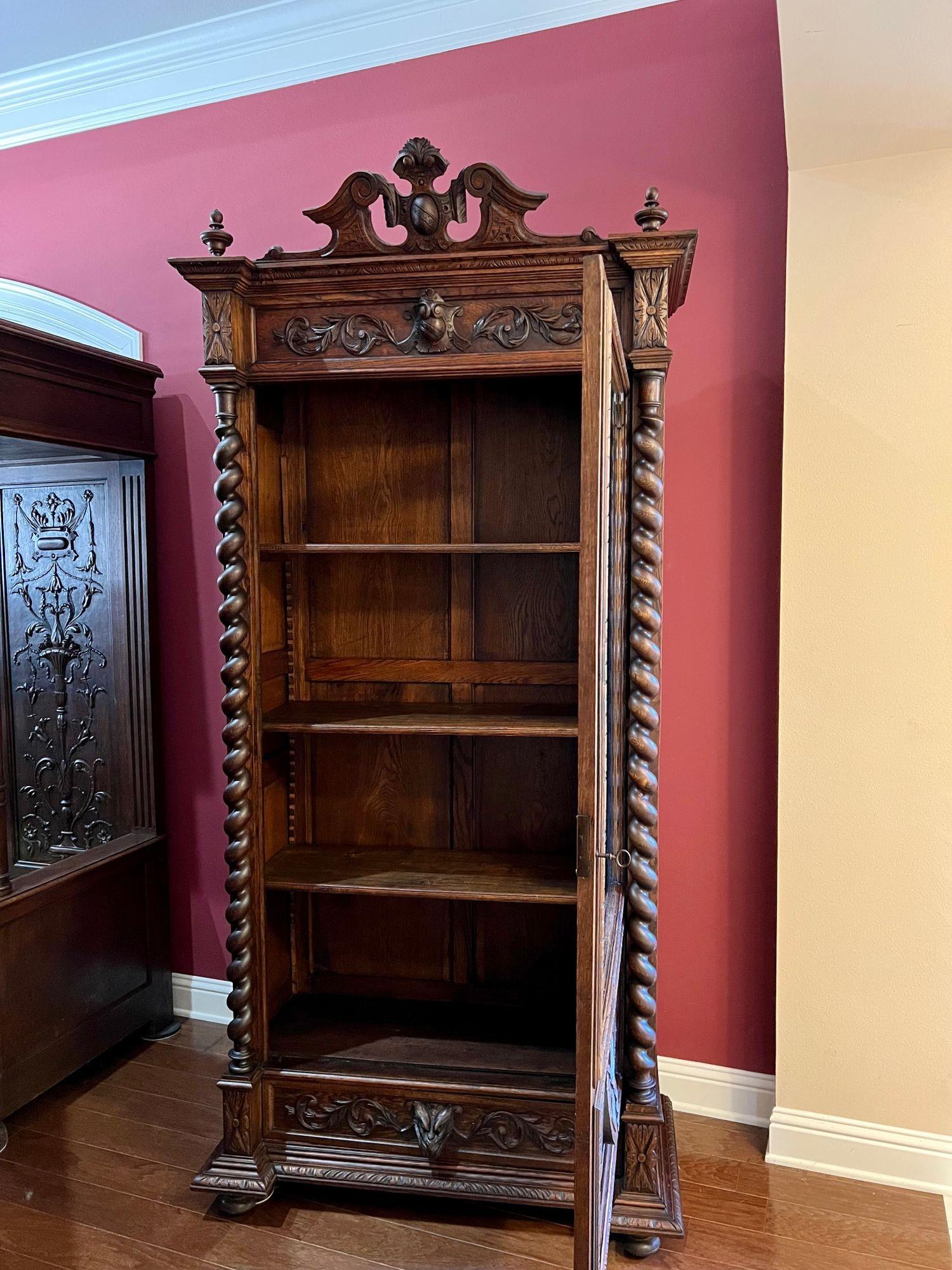 Antique French Cabinet Bookcase Barley Twist Black Forest Carved Oak Glass Door For Sale 3