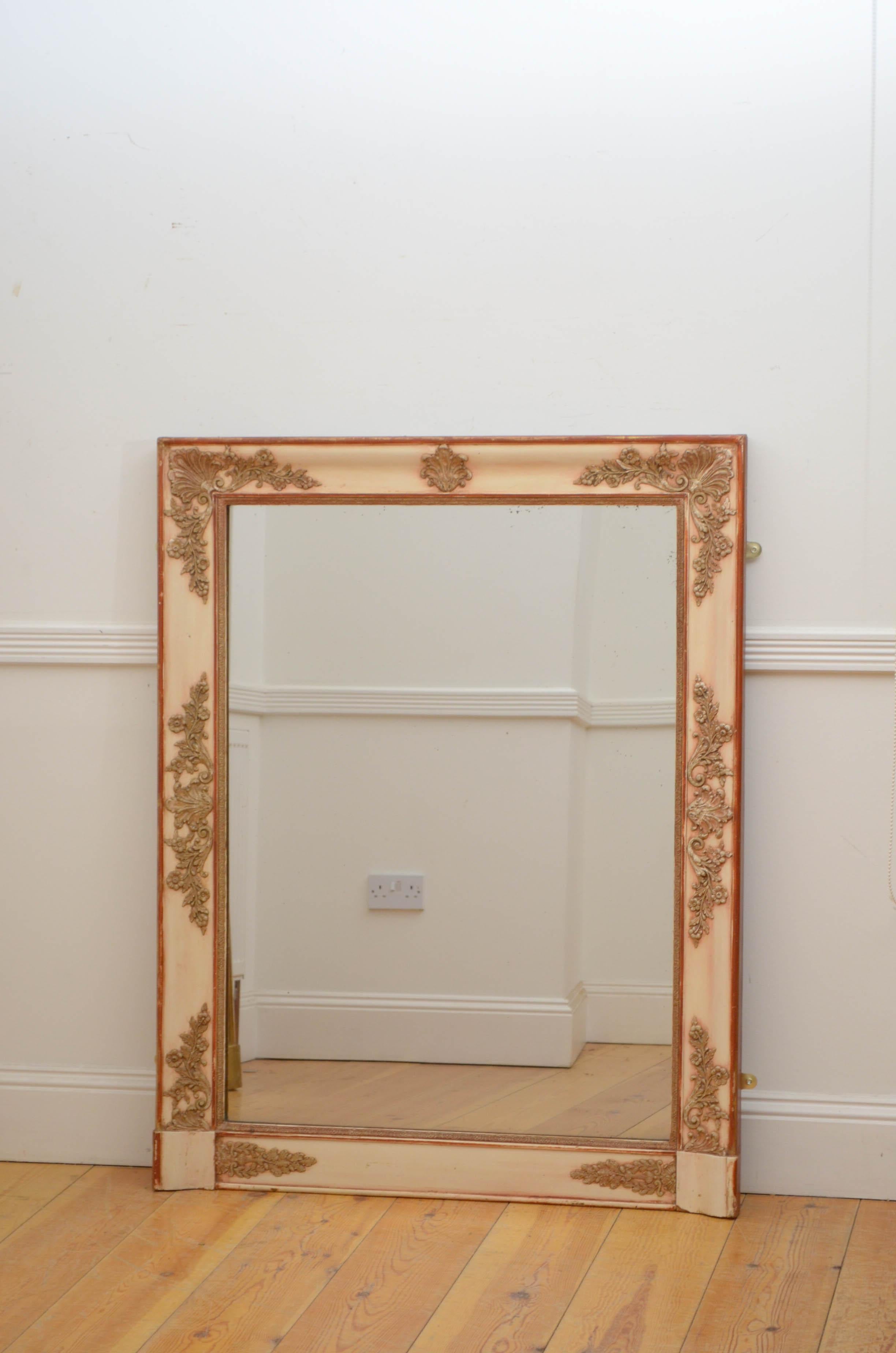 Sn5204 19th century French wall mirror, having original glass with some imperfections in moulded and floral decorated frame. This antique mirror is in home ready condition. c1850

Measures: H 49