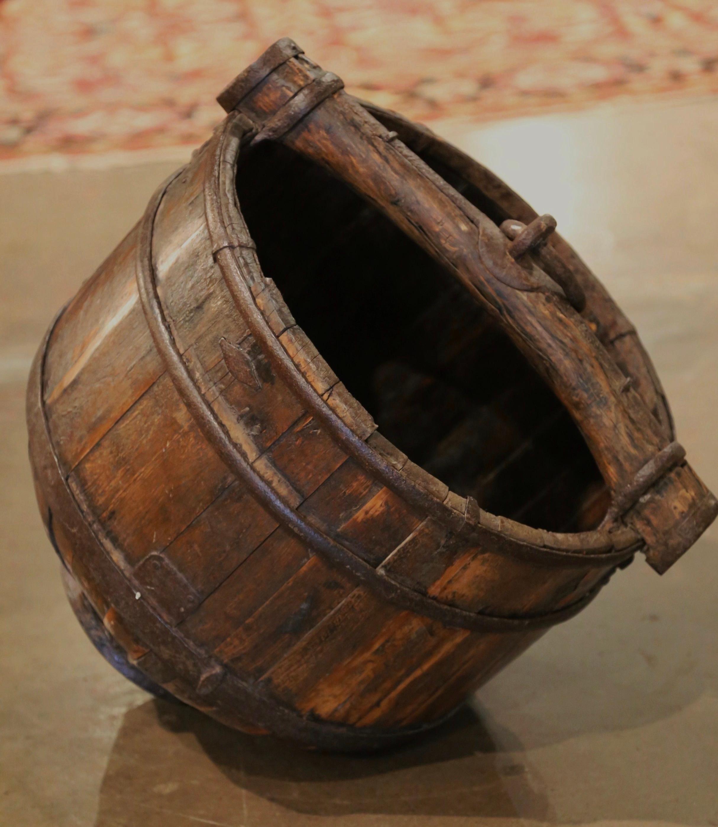 Hand-Crafted 19th Century French Walnut and Iron Circular Jardinière Planter with Handle