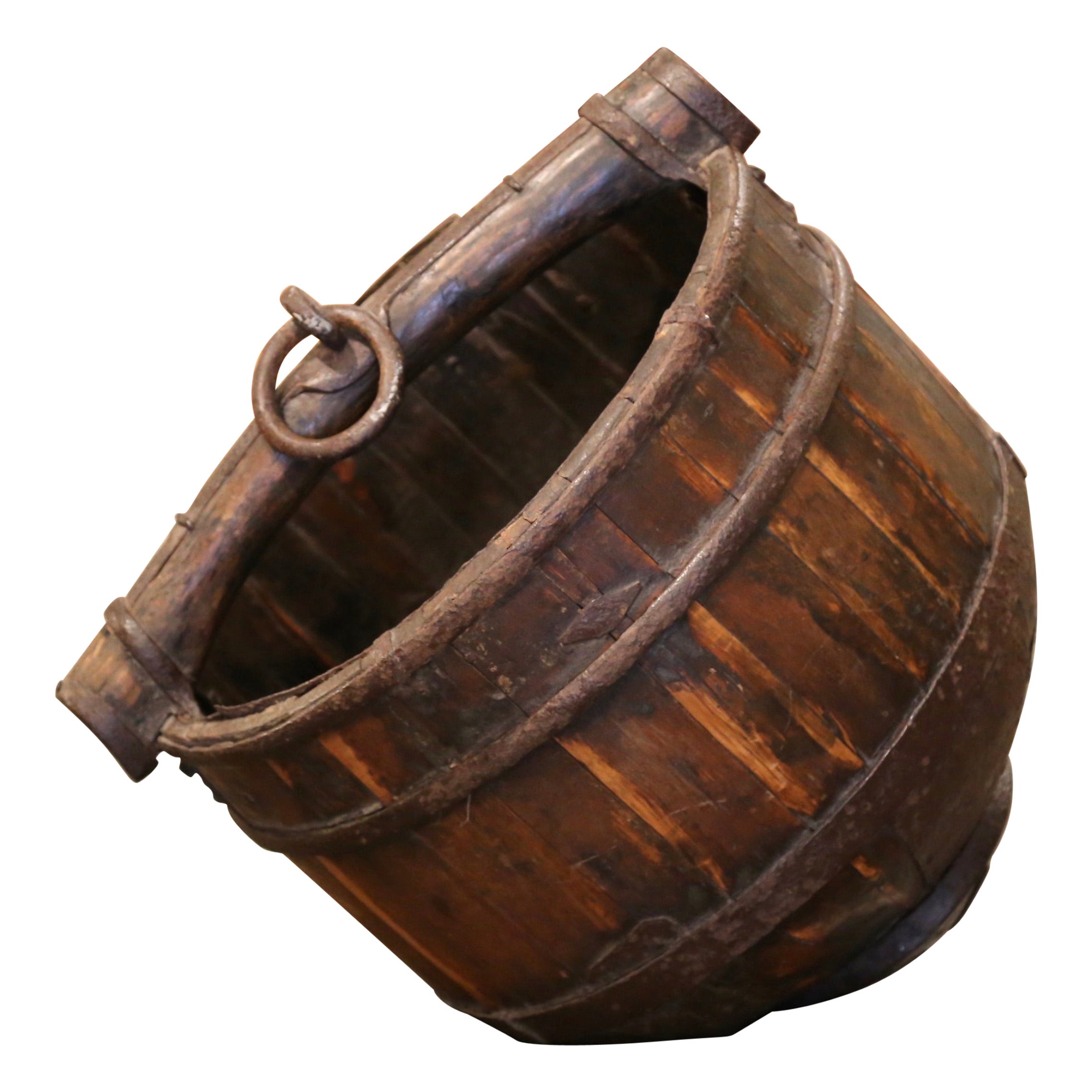 19th Century French Walnut and Iron Circular Jardinière Planter with Handle