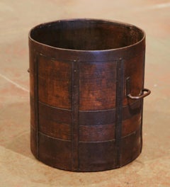 19th Century French Walnut and Iron Grain Measure Bucket or Waste Basket