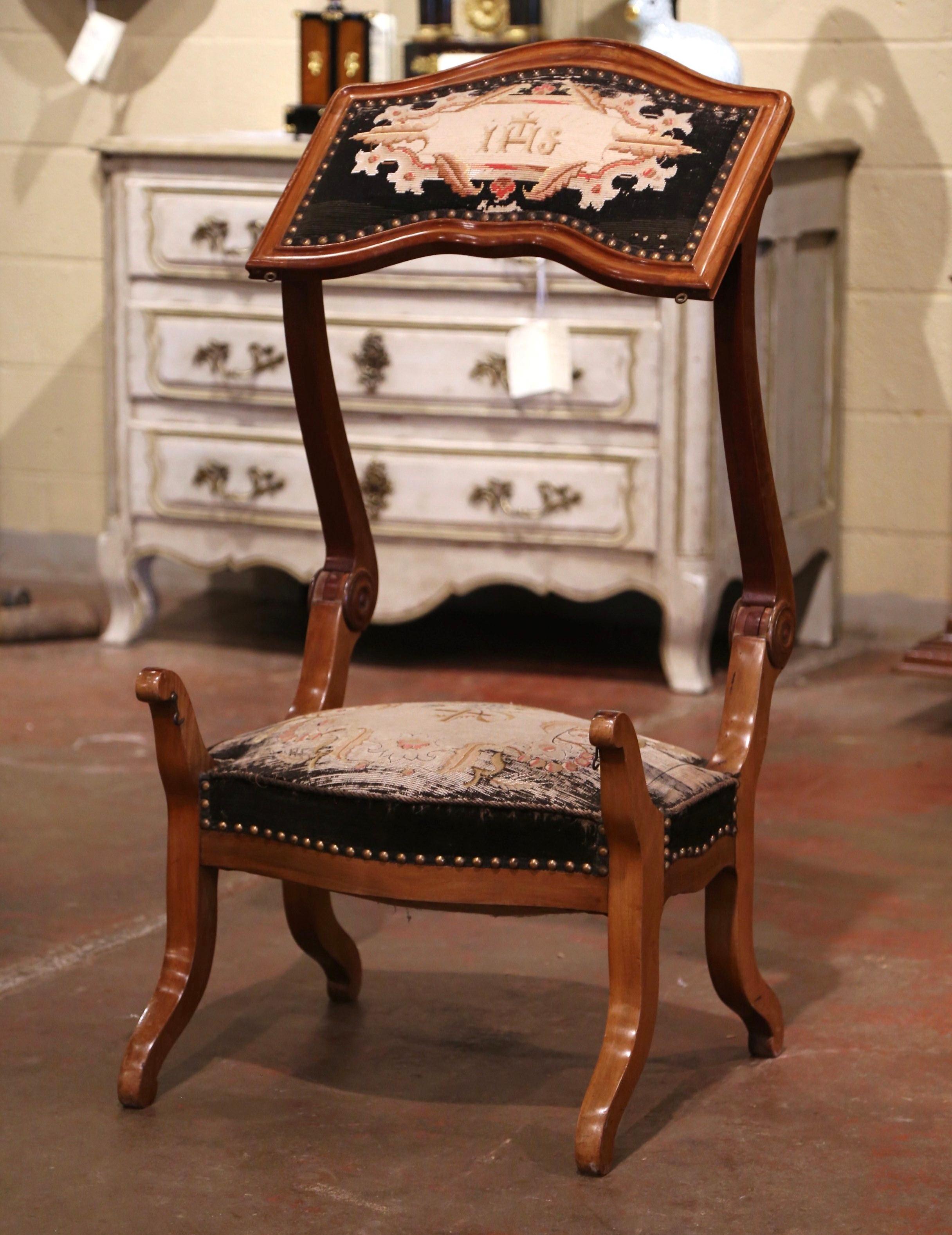 Louis Philippe 19th Century French Walnut and Tapestry Armchair Convertible to Prayer Kneeler