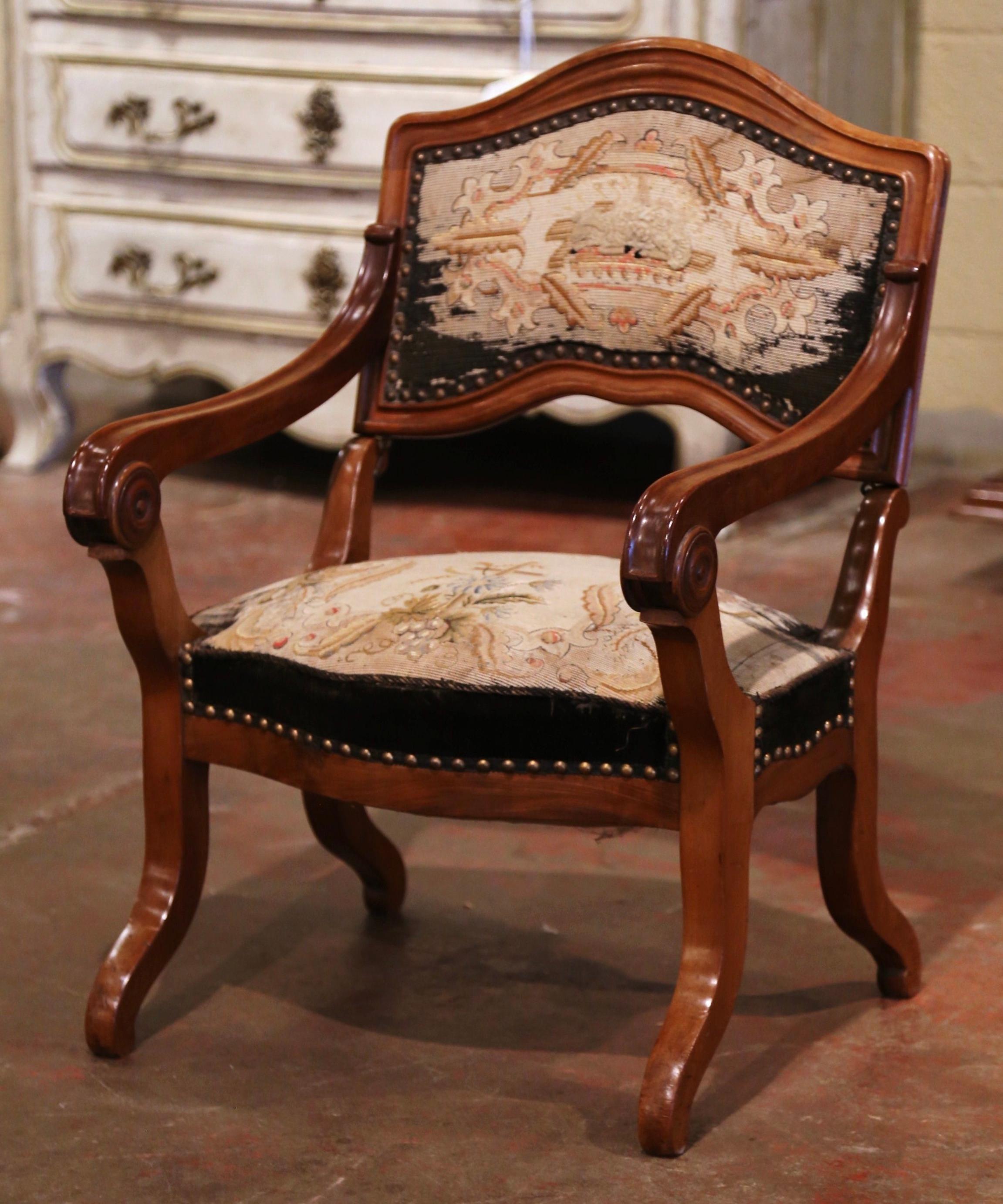 Hand-Carved 19th Century French Walnut and Tapestry Armchair Convertible to Prayer Kneeler