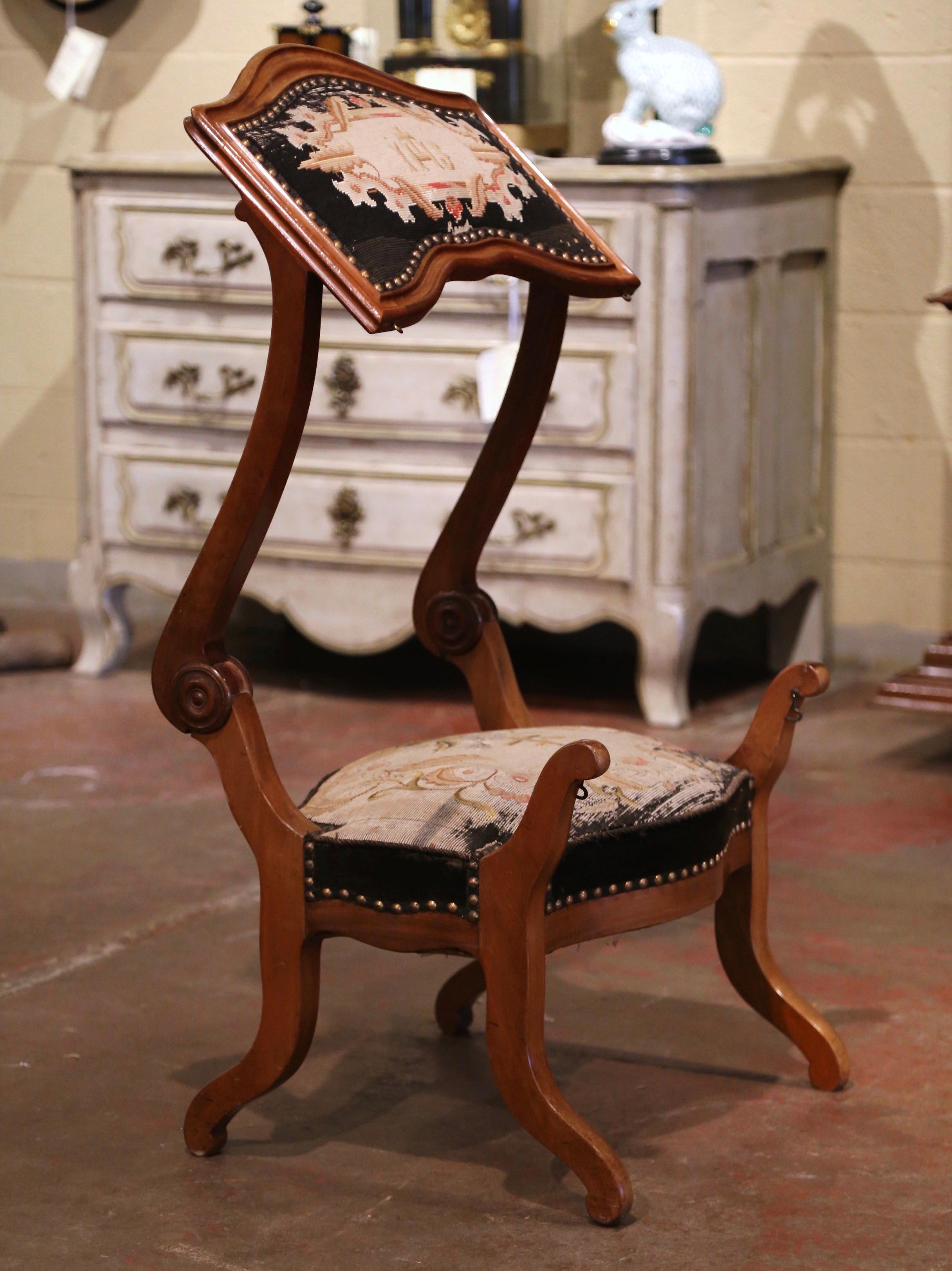Velvet 19th Century French Walnut and Tapestry Armchair Convertible to Prayer Kneeler