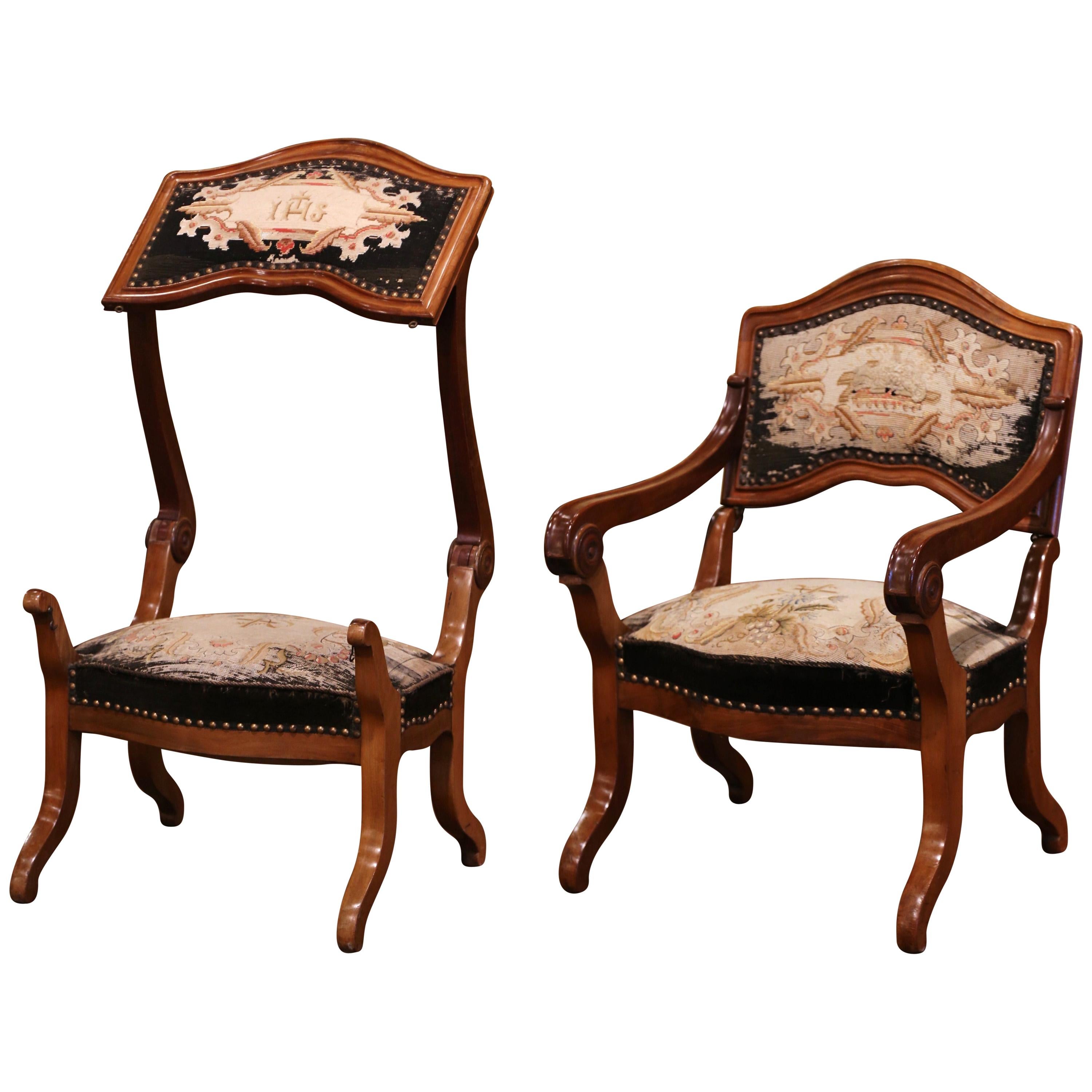 19th Century French Walnut and Tapestry Armchair Convertible to Prayer Kneeler