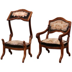 Französischer Sessel aus Nussbaumholz und Wandteppich aus dem 19. Jahrhundert, umwandelbar zum Gebetsknieler