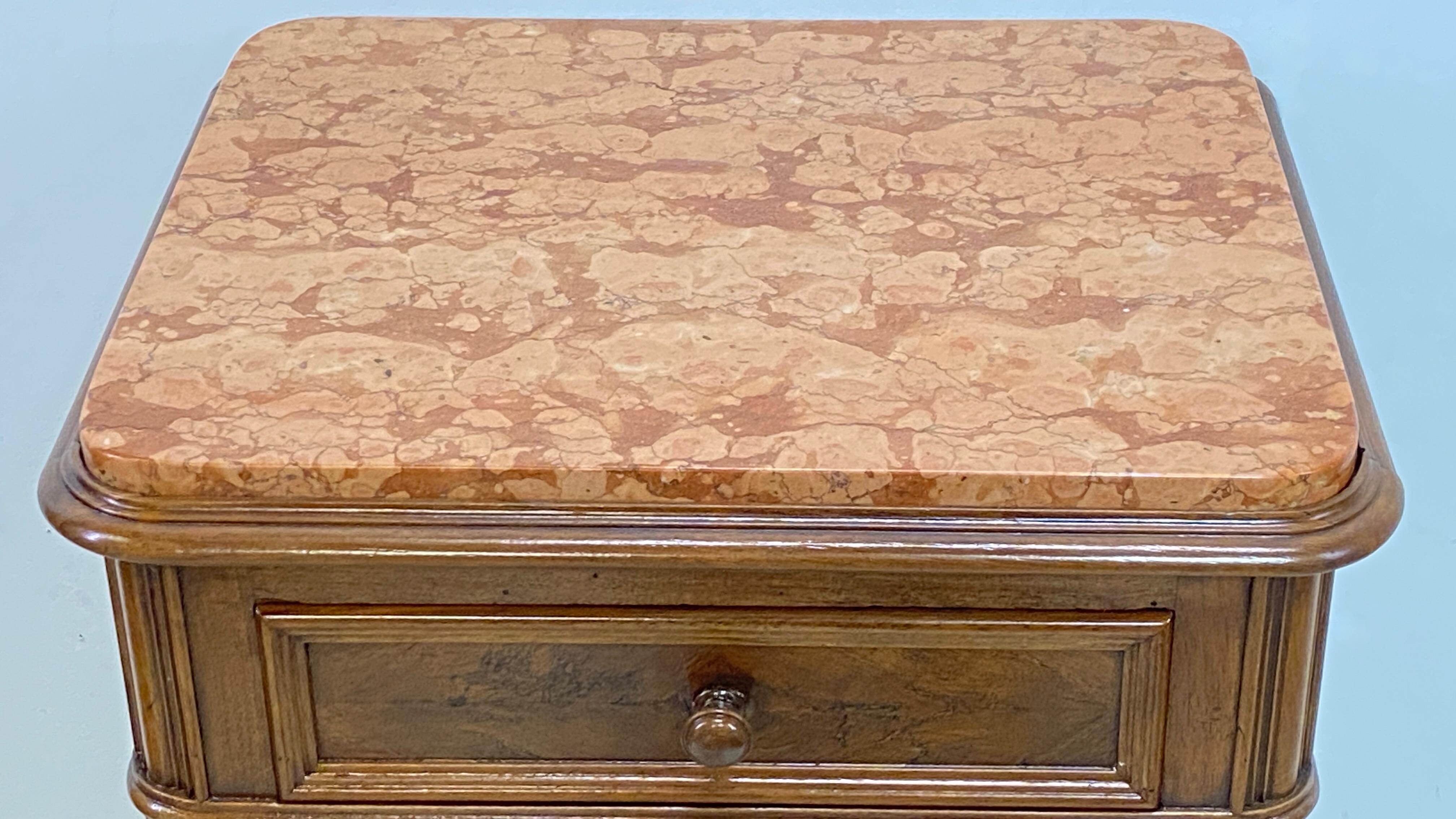Marble 19th Century French Walnut Bedside Commode Cabinet Table For Sale