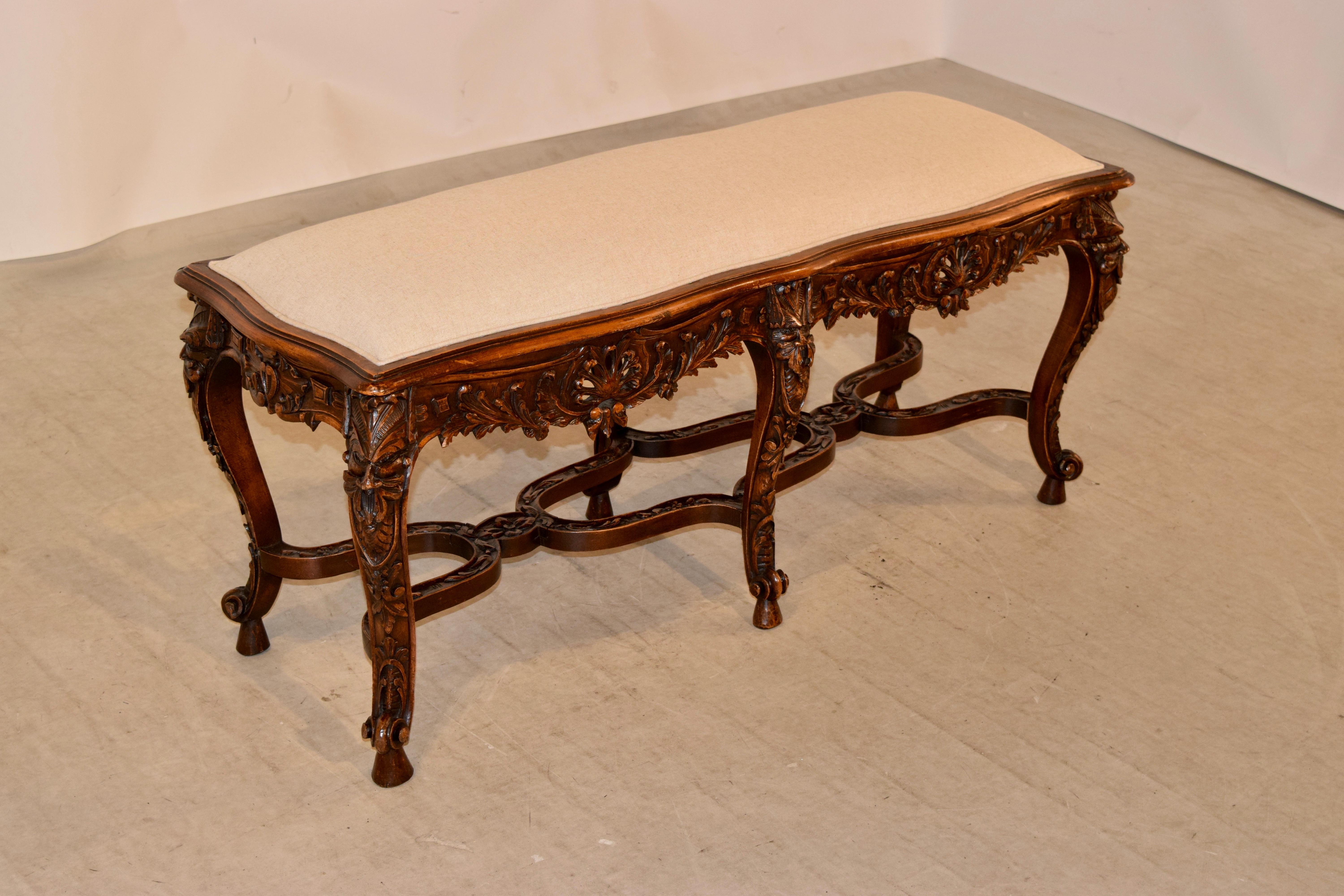 Hand-Carved 19th Century French Walnut Bench For Sale