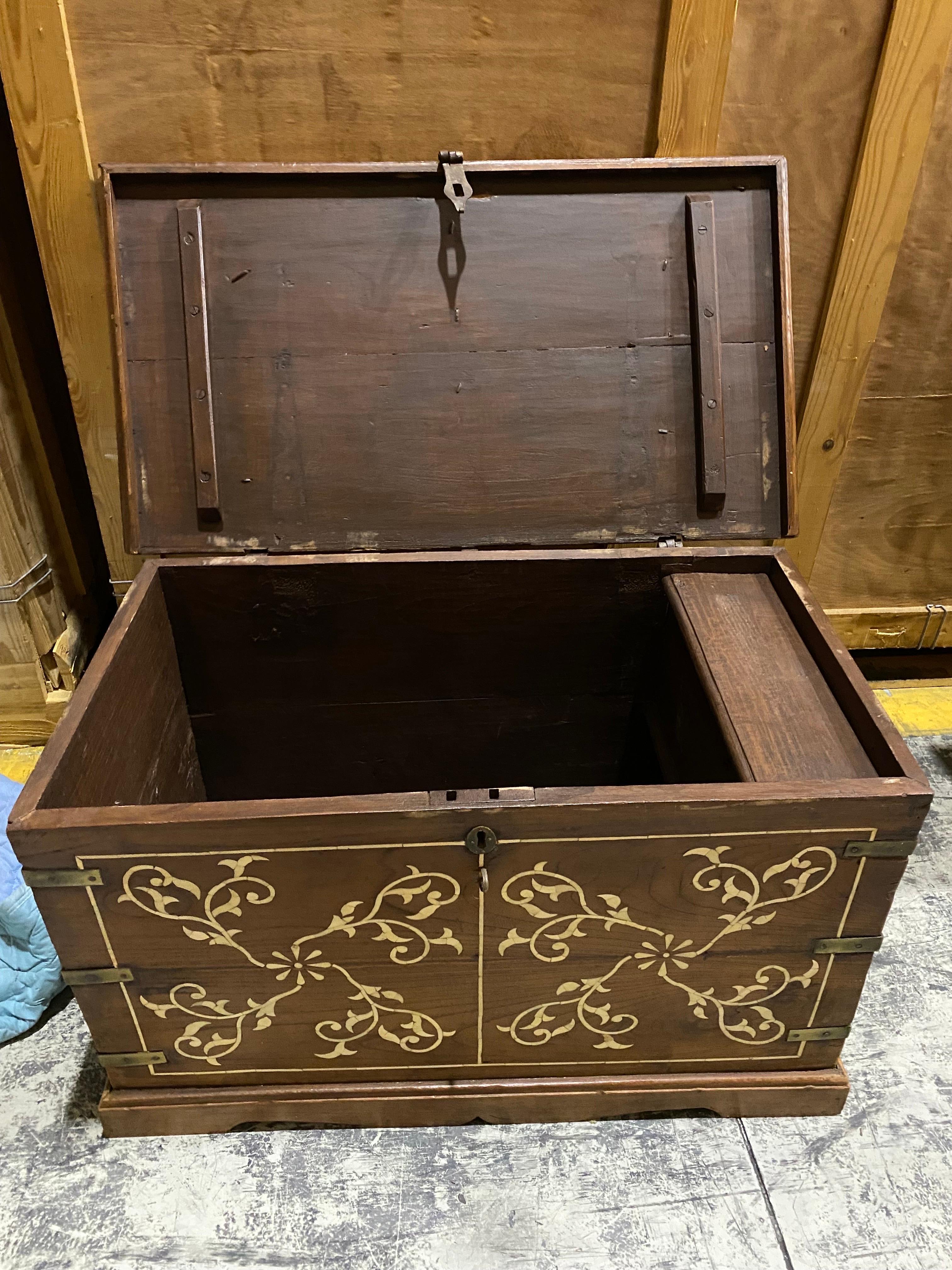 19th Century French Walnut & Bone Floral Inlaid Trunk 1