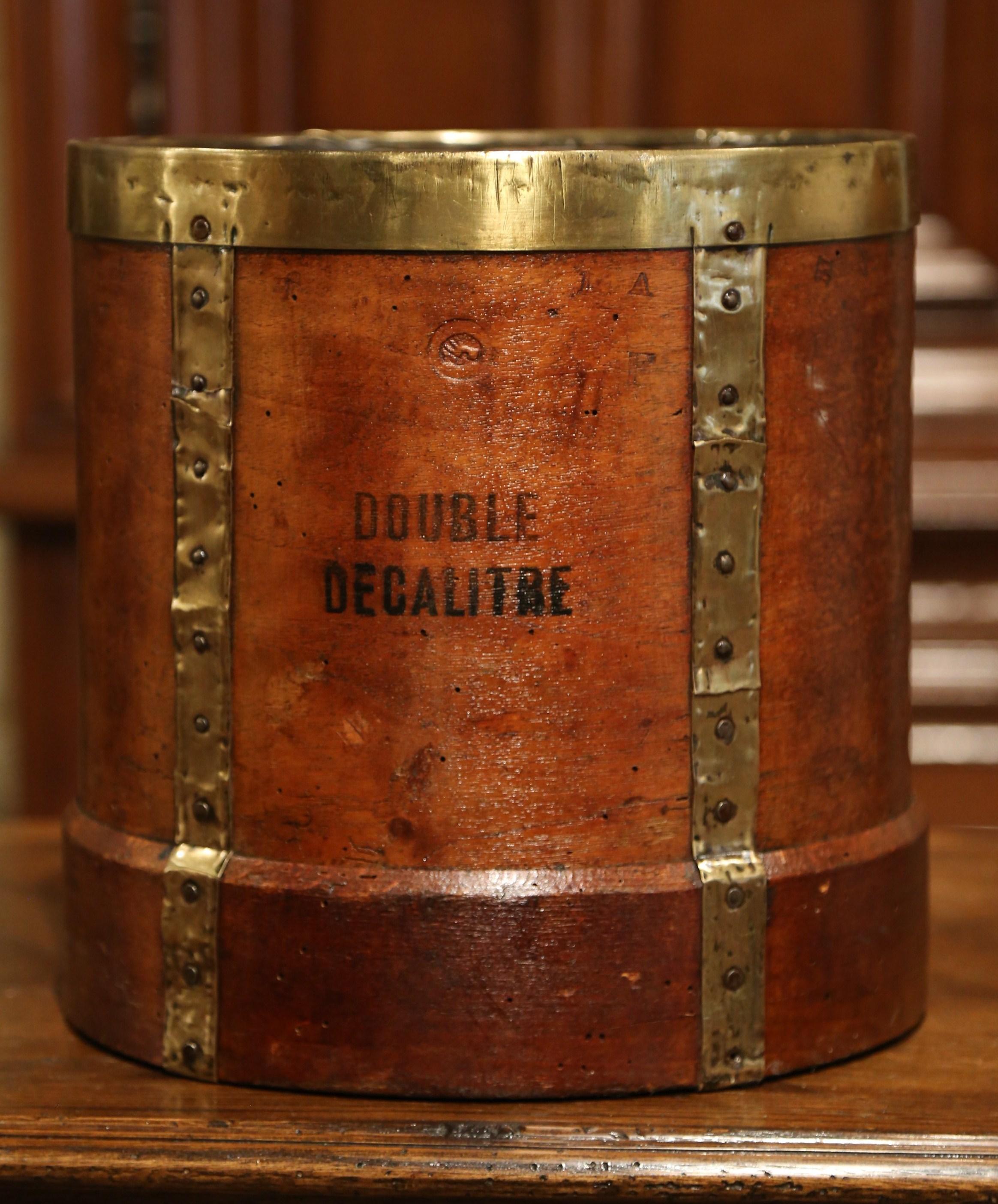 Hand-Crafted 19th Century French Walnut, Brass and Iron Grain Measure Bucket or Waste Basket