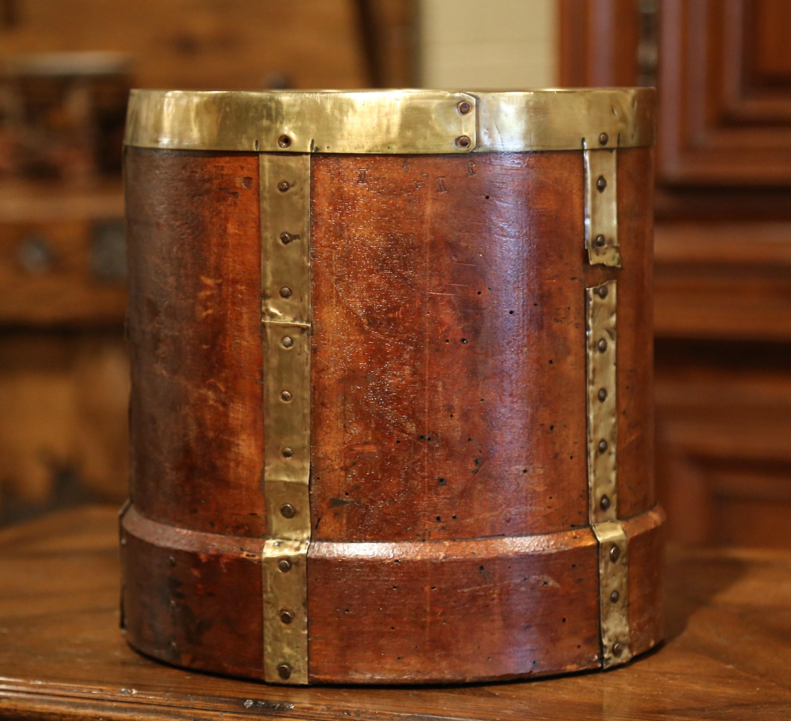 19th Century French Walnut, Brass and Iron Grain Measure Bucket or Waste Basket 1