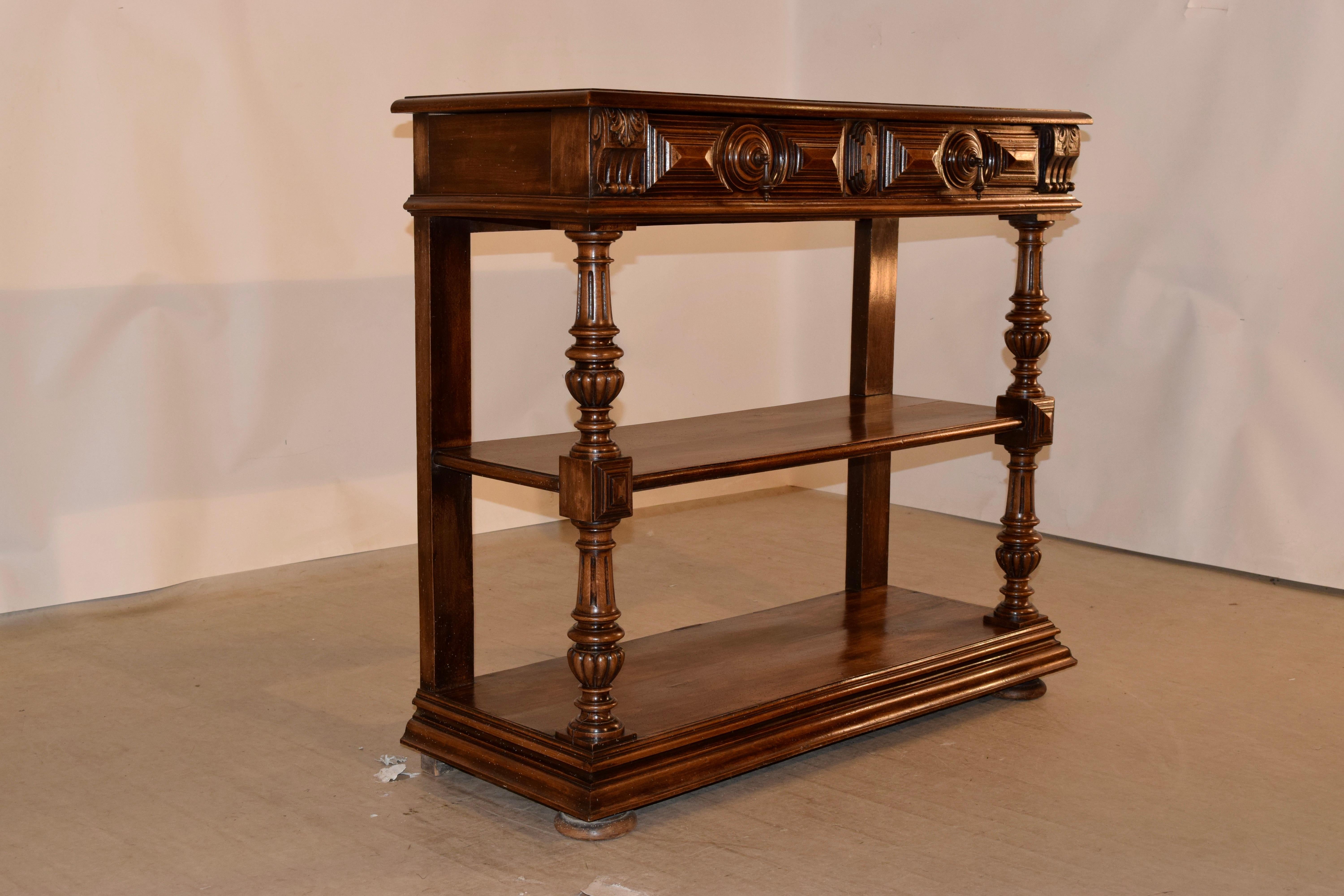 19th century French walnut buffet with a banded top which also has a beveled edge. This follows down to two paneled drawers over two lower shelves. The shelf supports are wonderfully hand turned and carved in the front, and are simple in the back