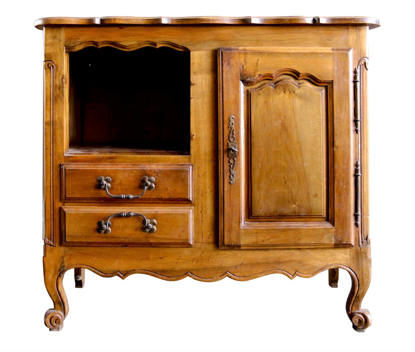 Beautiful Louis XV style cabinet with two drawers and a door in charming design. Made of solid walnut wood the piece rests on elegantly curved legs. 
Created in the late 19th century, 
France.