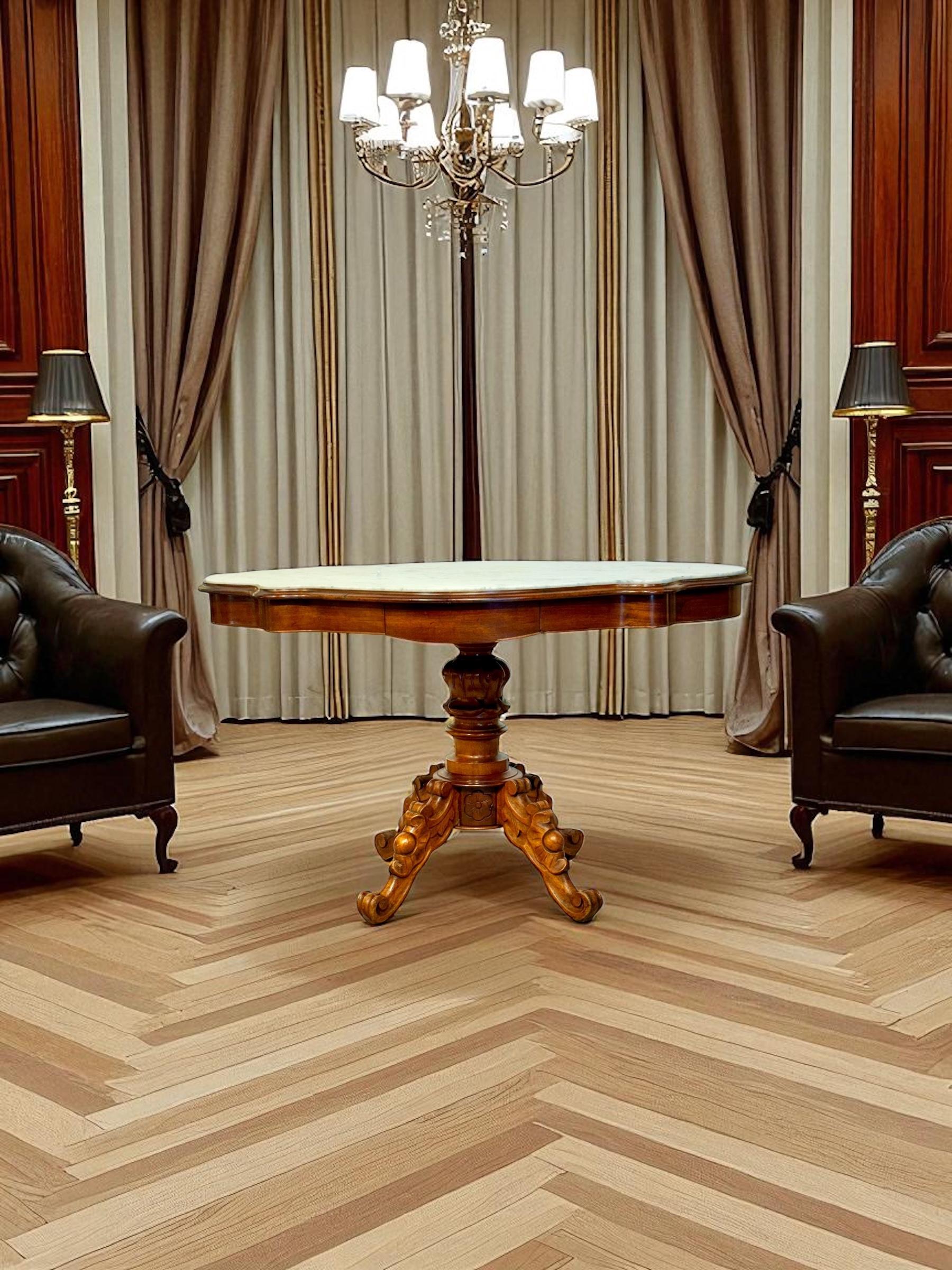 Französischer Nussbaum-Mitteltisch des 19. Jahrhunderts mit geformter Marmorplatte und Schubladen im Angebot 12