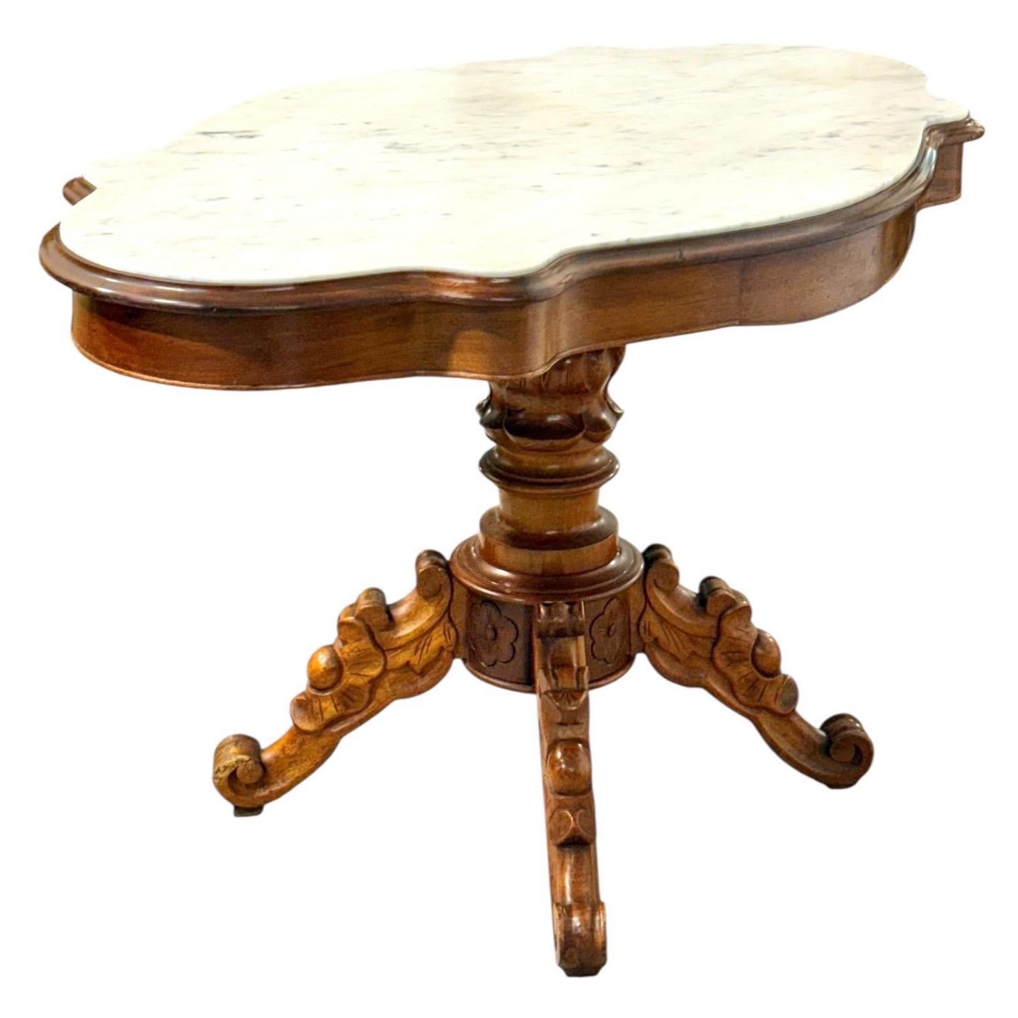 19th Century French Walnut Center Table with Shaped Marble Top and Drawers