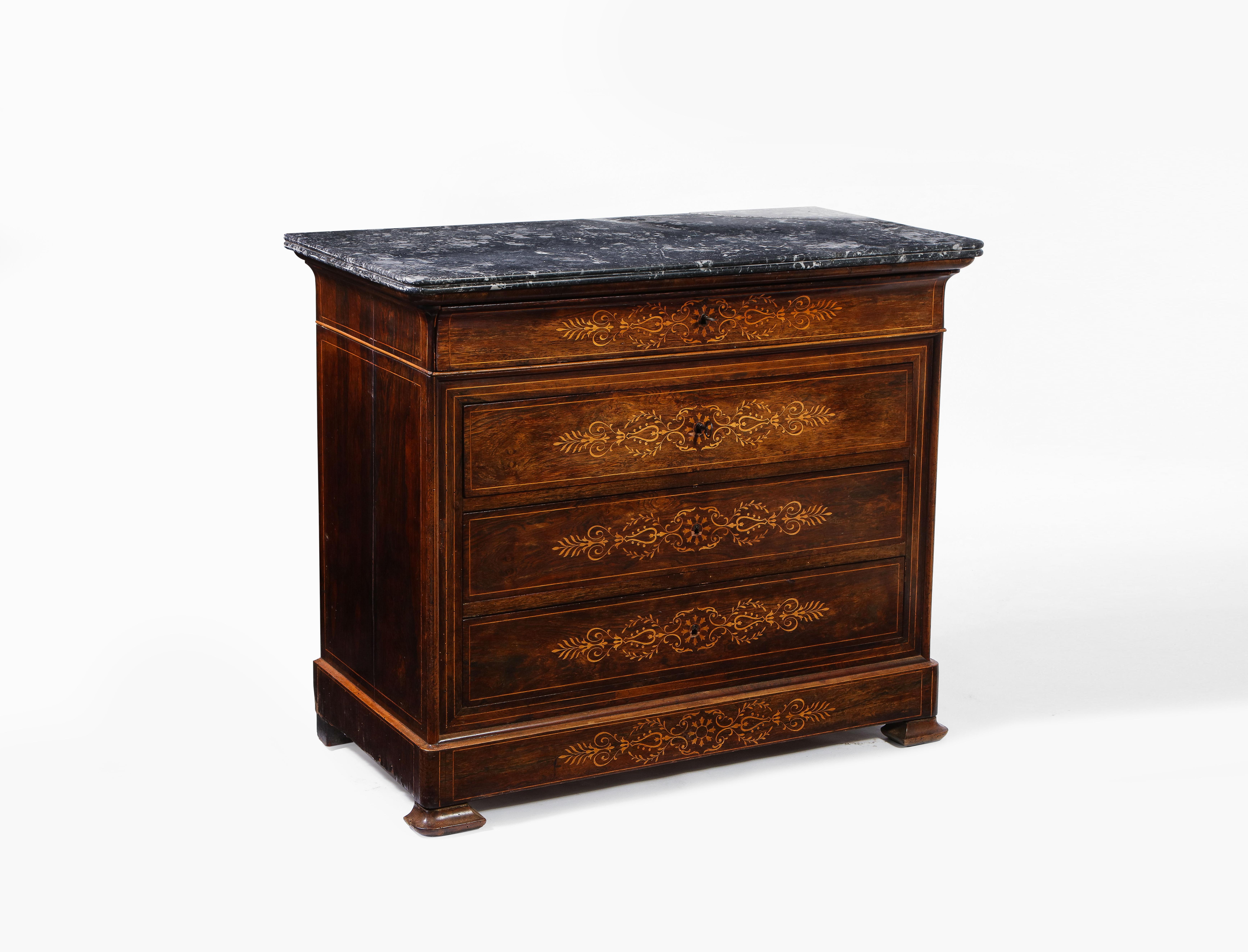 19th century walnut dresser with lighter toned marquetry inlay on the facade of each drawer. Stone top in anthracite colored marble with intricate soft grey veining.
