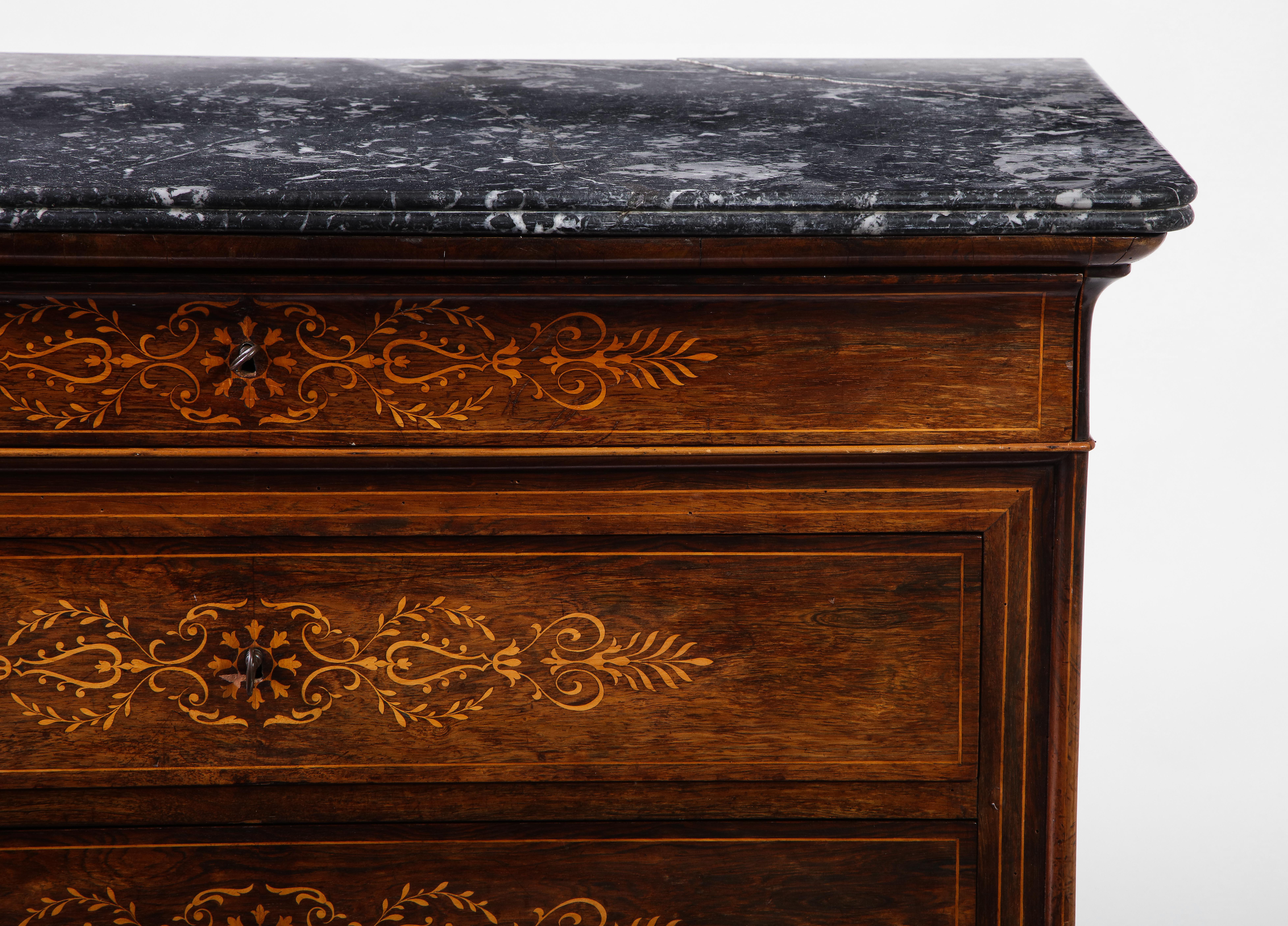 19th Century French Walnut Commode with Contrasting Marquetry, Honed Stone Top In Good Condition In New York, NY